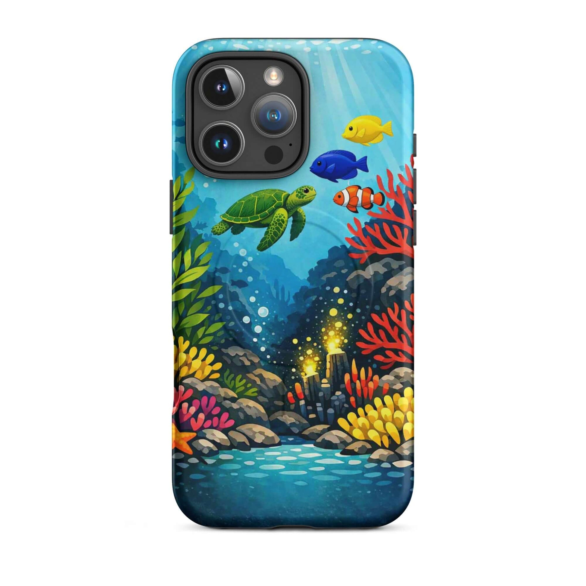 Magnetic Phone Case featuring vibrant sea turtle and coral reef design, perfect for ocean lovers.