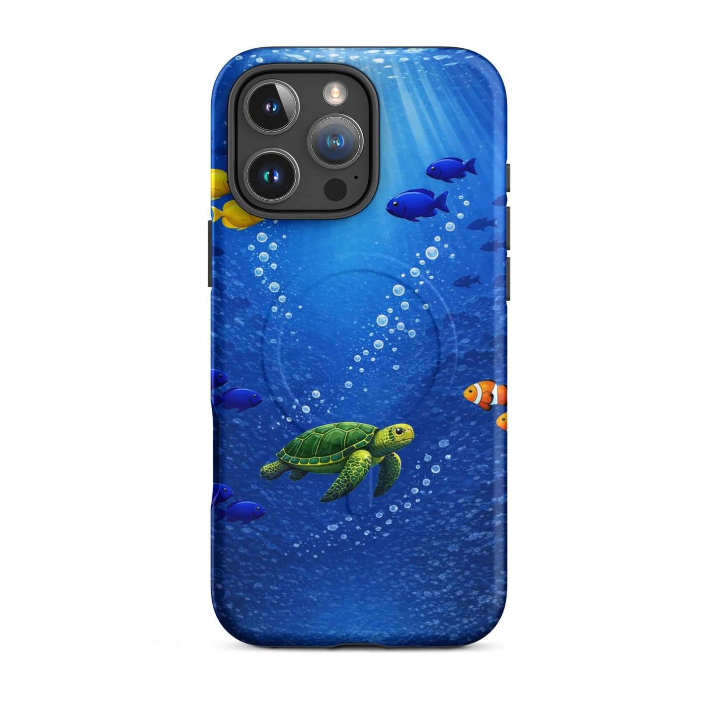 Magnetic Phone Case featuring a vibrant sea turtle design and tropical fish in the deep blue ocean.