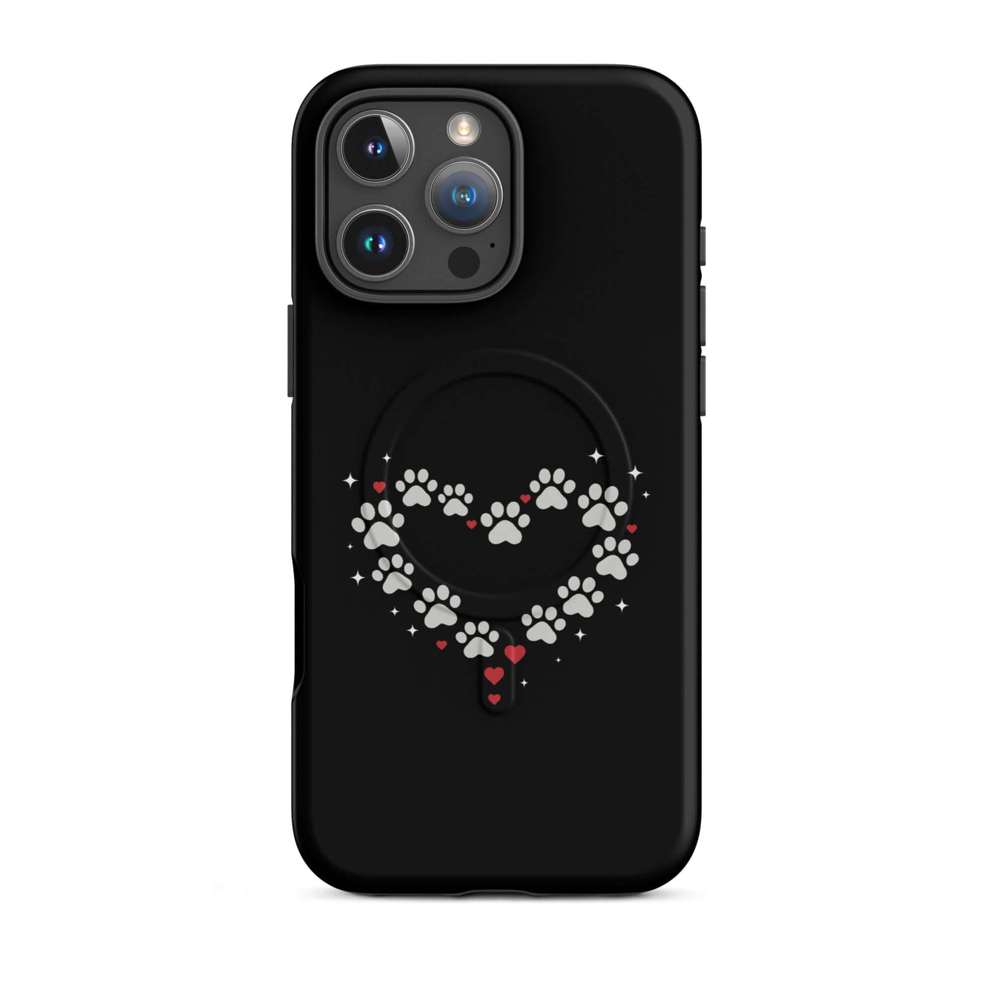 Magnetic Phone Case featuring a paw-print heart design on a black background