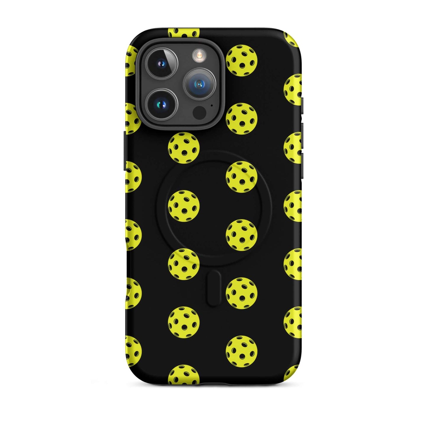 Magnetic Phone Case featuring a pickleball pattern on a black background, perfect for sporty enthusiasts.
