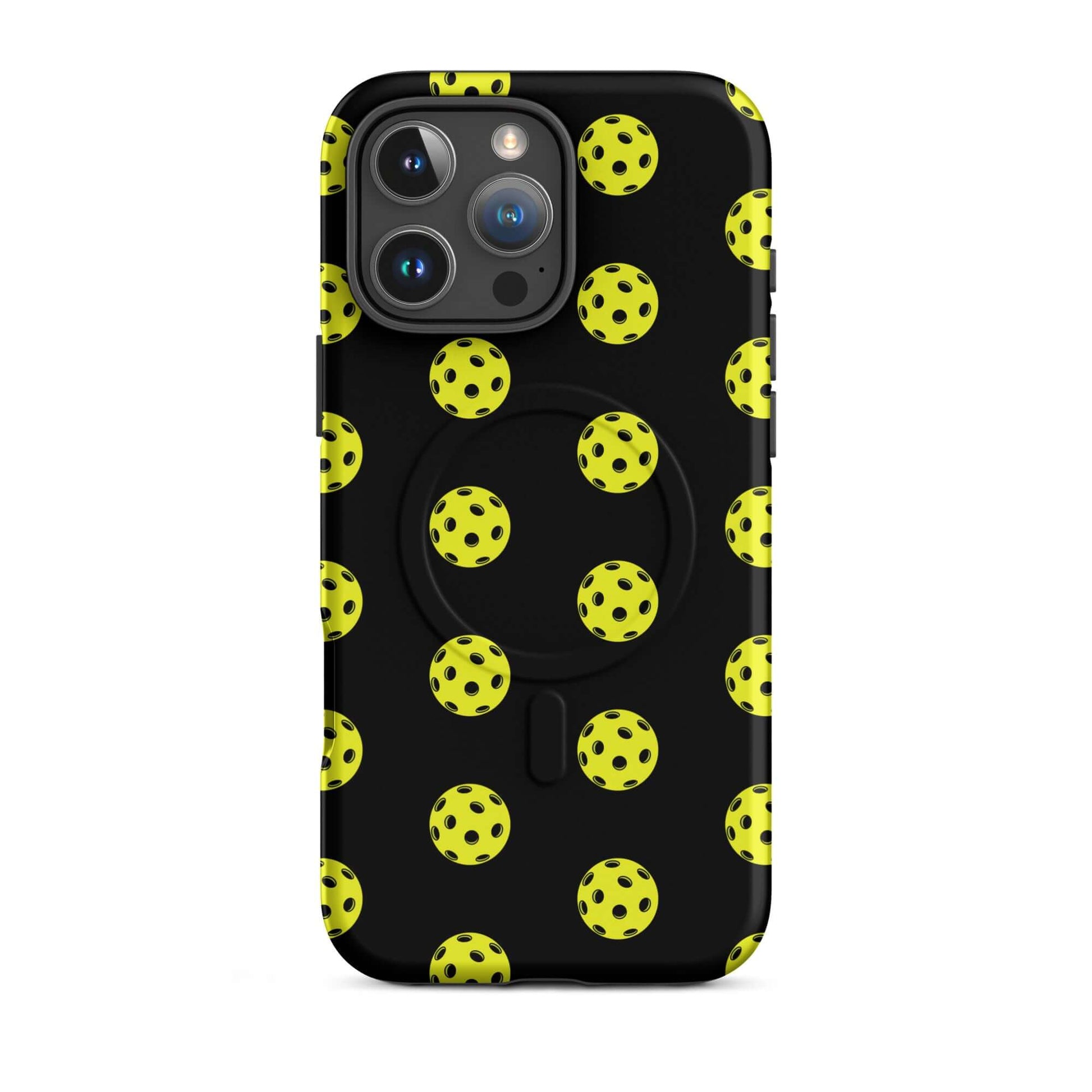 Magnetic Phone Case featuring a pickleball pattern on a black background, perfect for sporty enthusiasts.