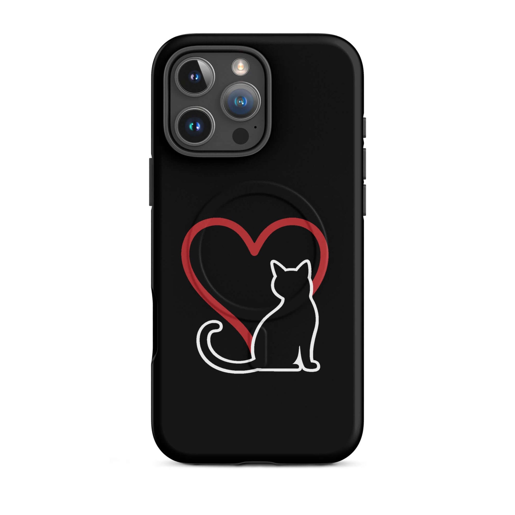 Magnetic Phone Case featuring a black cat silhouette and red heart on a black background.