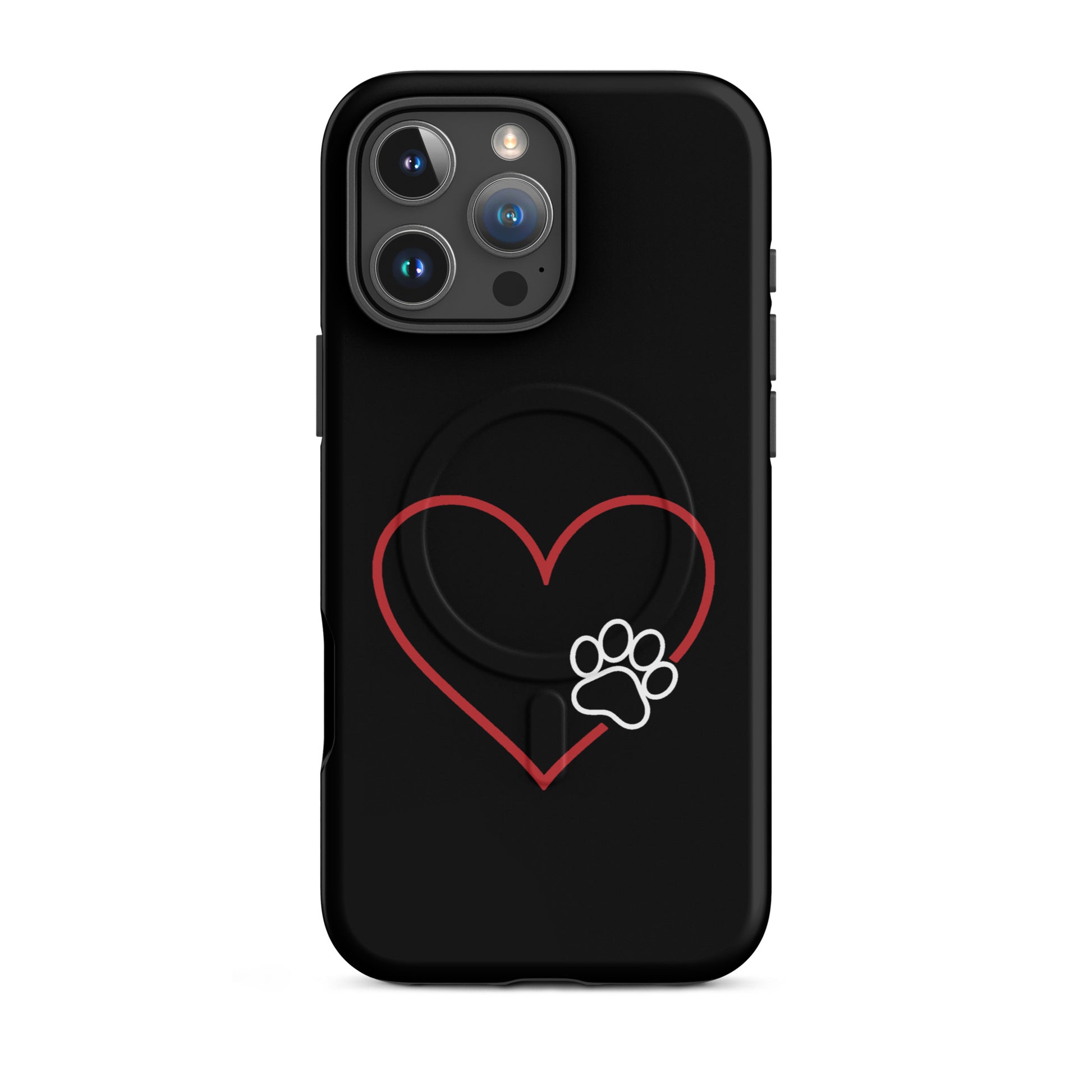 Magnetic Phone Case for iPhone with heart and paw print design, symbolizing love for pets, on black case.