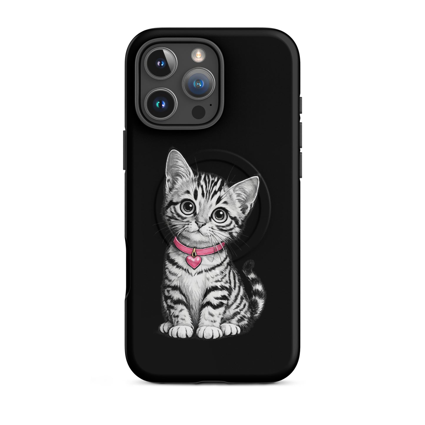 Magnetic Phone Case with pencil-sketch kitten design, pink collar, heart charm on iPhone, stylish protection with artistic touch.