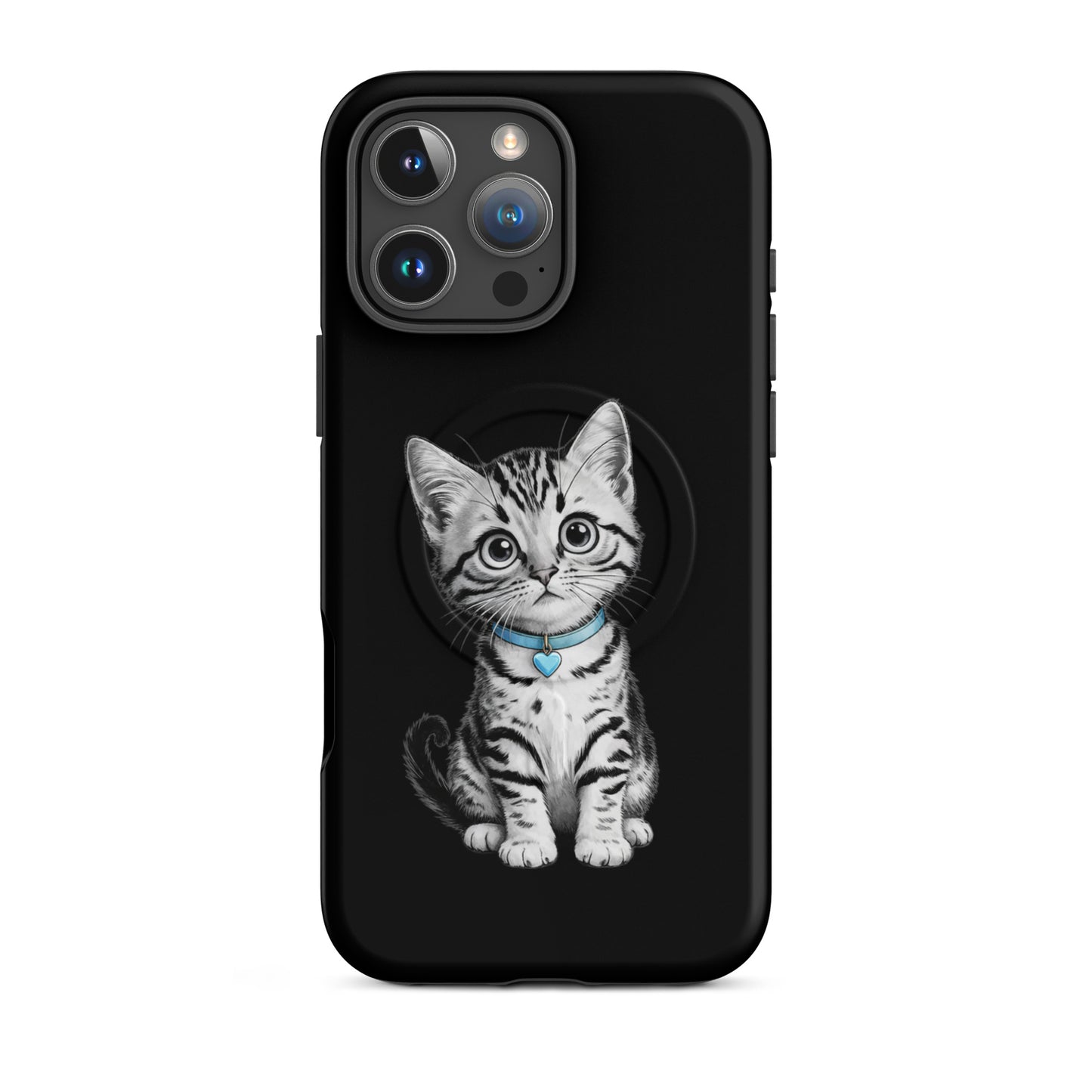 Magnetic Phone Case with black-and-white kitten design, blue collar, heart charm.