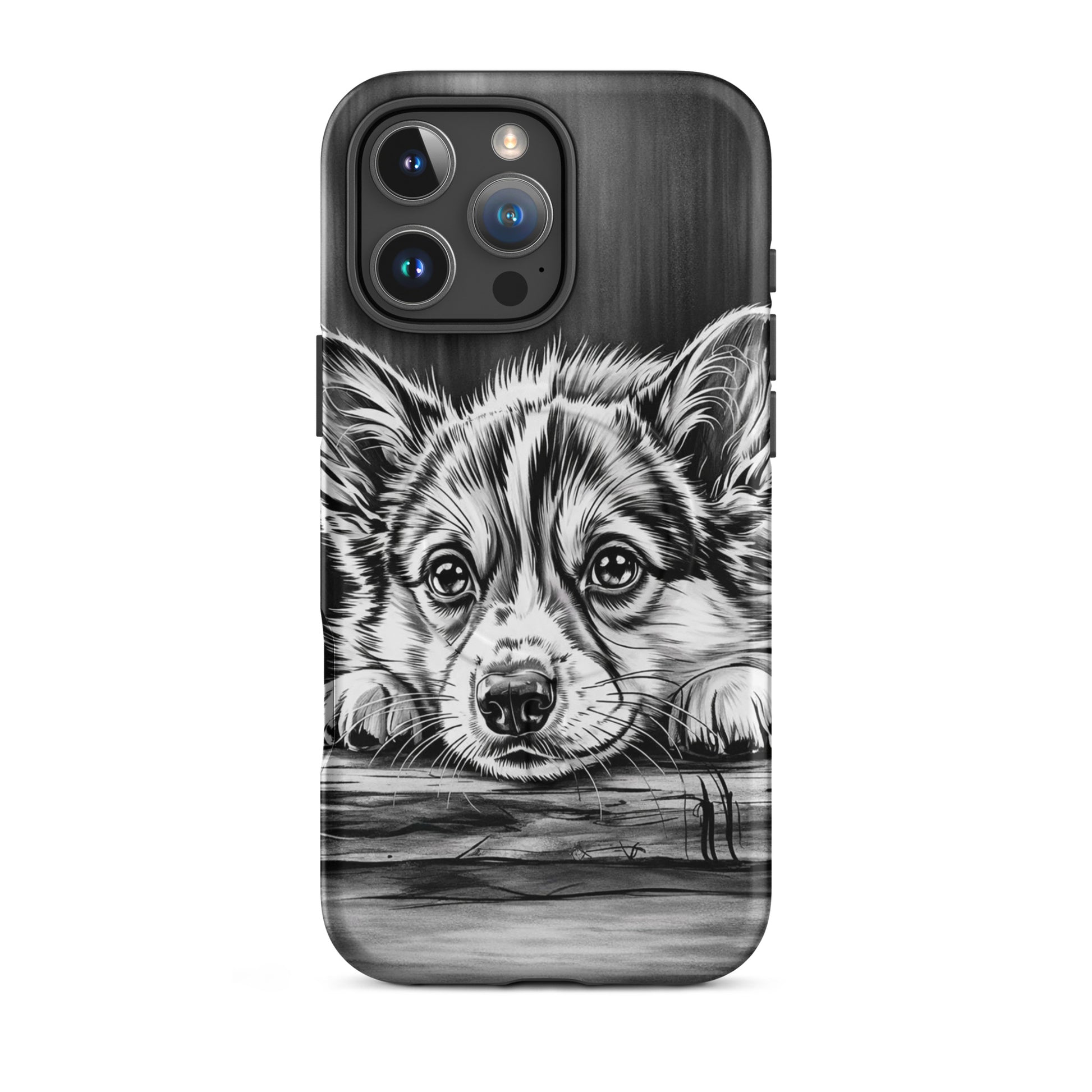 Magnetic Phone Case for iPhone with elegant monochrome puppy art illustration on a protective case.