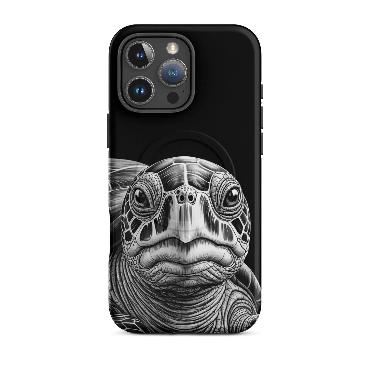 Magnetic Phone Case with sea turtle art design for iPhone, featuring a detailed black-and-white turtle sketch