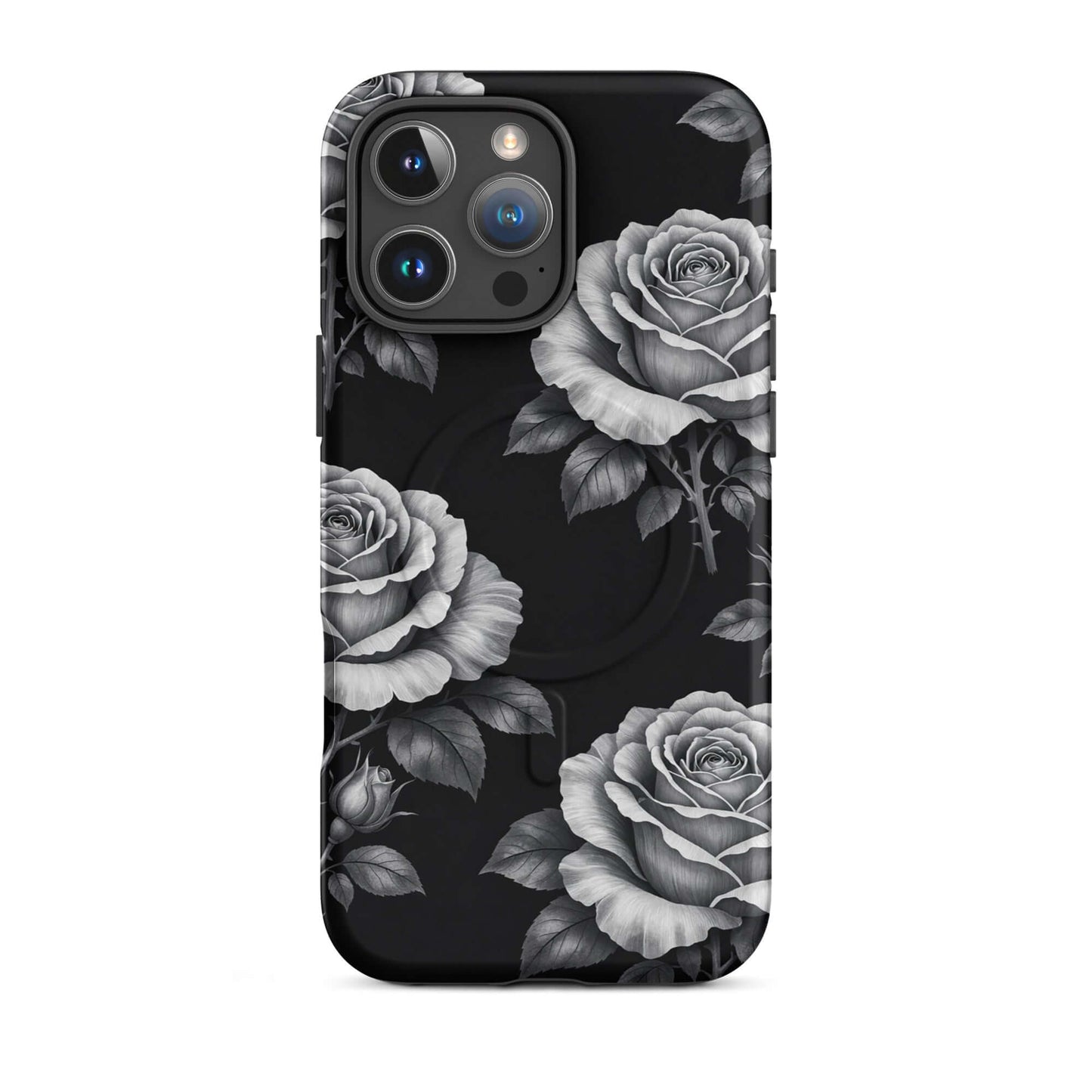 Magnetic Phone Case with rose garden design, black background, iPhone compatible.
