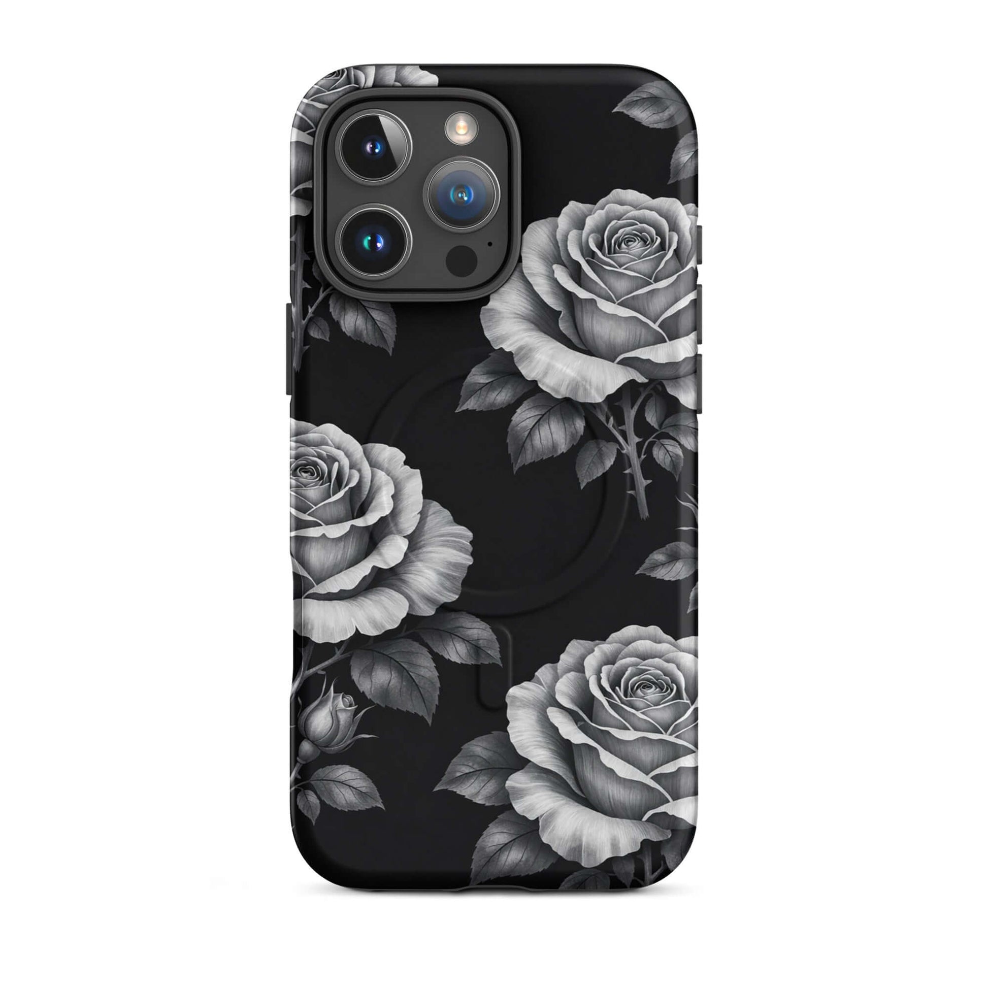 Magnetic Phone Case with rose garden design, black background, iPhone compatible.