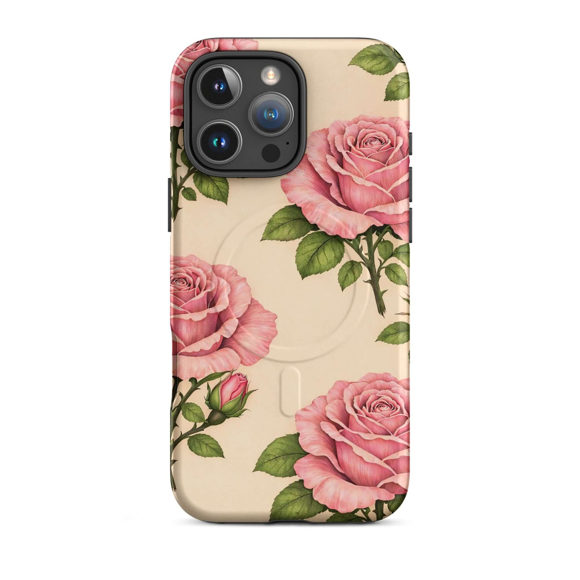 Magnetic Phone Case for iPhone with pink roses on cream background, elegant floral design, protective cover.