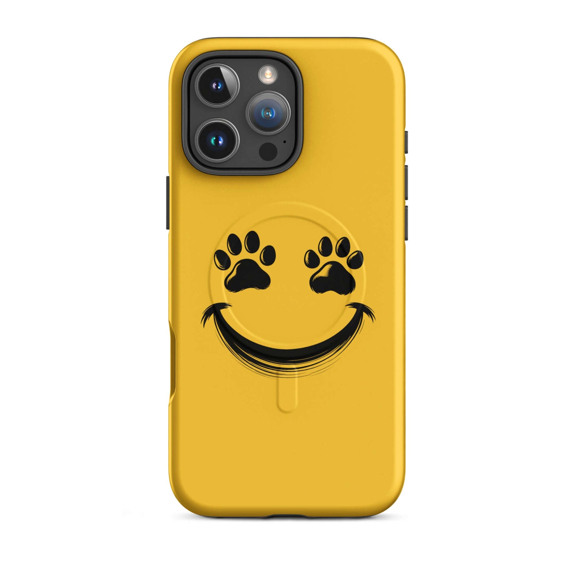 Yellow Magnetic Phone Case with smiley face and paw prints design for iPhone, perfect for playful pet lovers and animal enthusiasts.