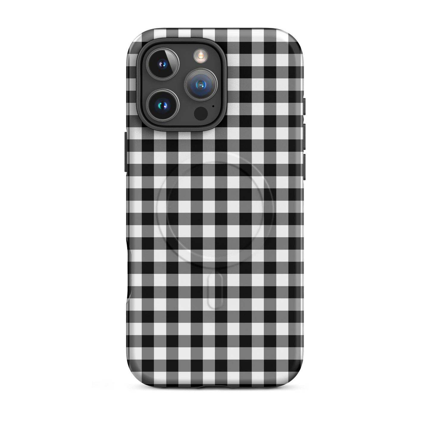 Magnetic Phone Case with black-and-white gingham pattern for iPhone, combining style and protection in a chic, durable design.