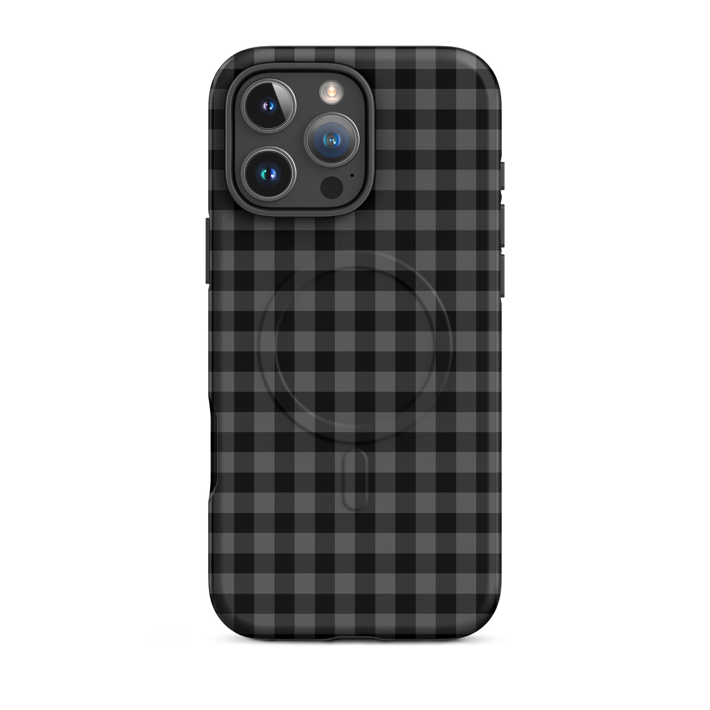 Magnetic Phone Case with black and charcoal gingham pattern for iPhone, offering style and modern protection