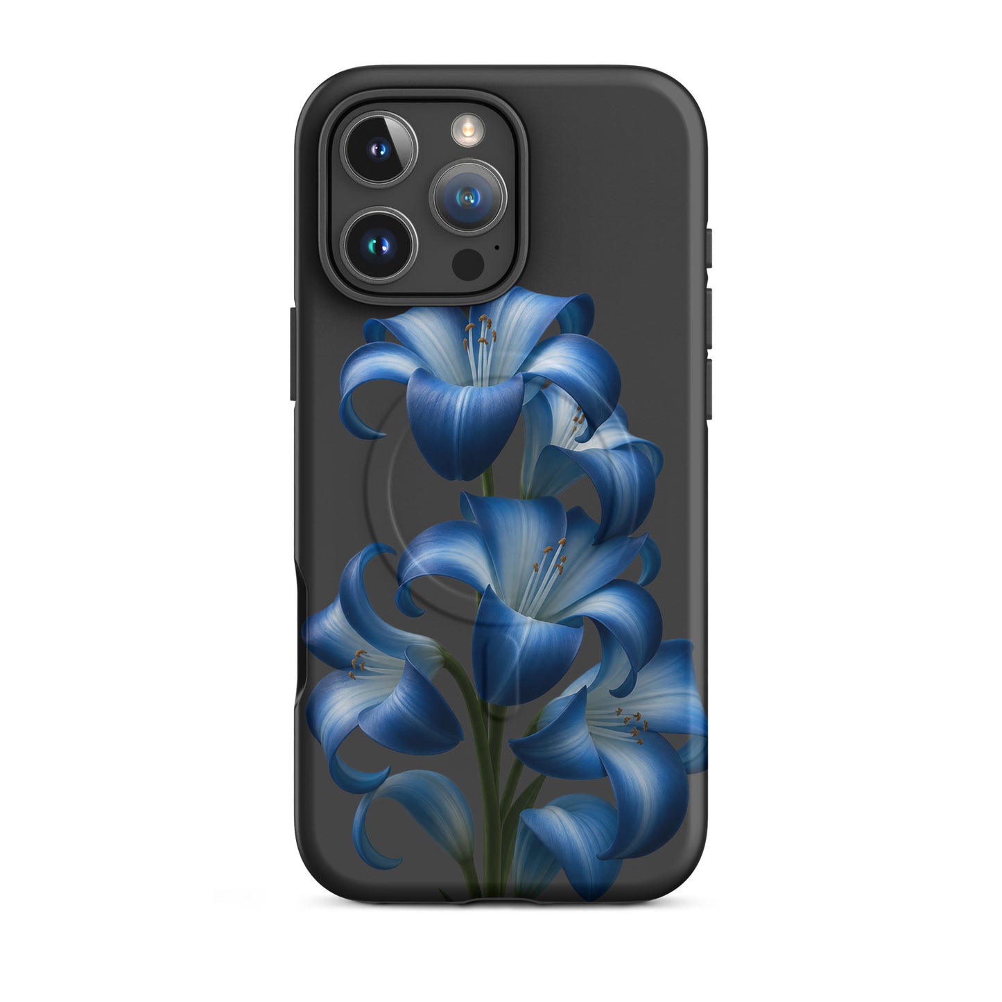 Magnetic Phone Case with Blue Lily Bloom Art for iPhone, featuring protective dual-layer build and sleek dark backdrop.