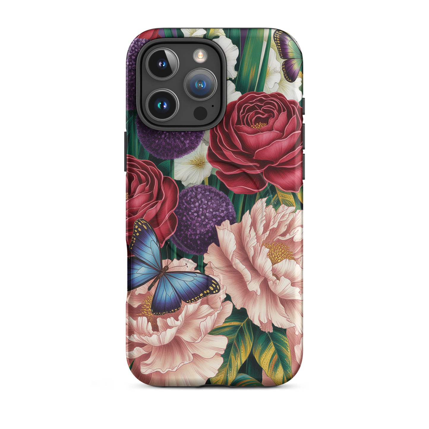 Magnetic Phone Case with crimson roses, pink peonies, and butterflies in a botanical garden design for iPhone.