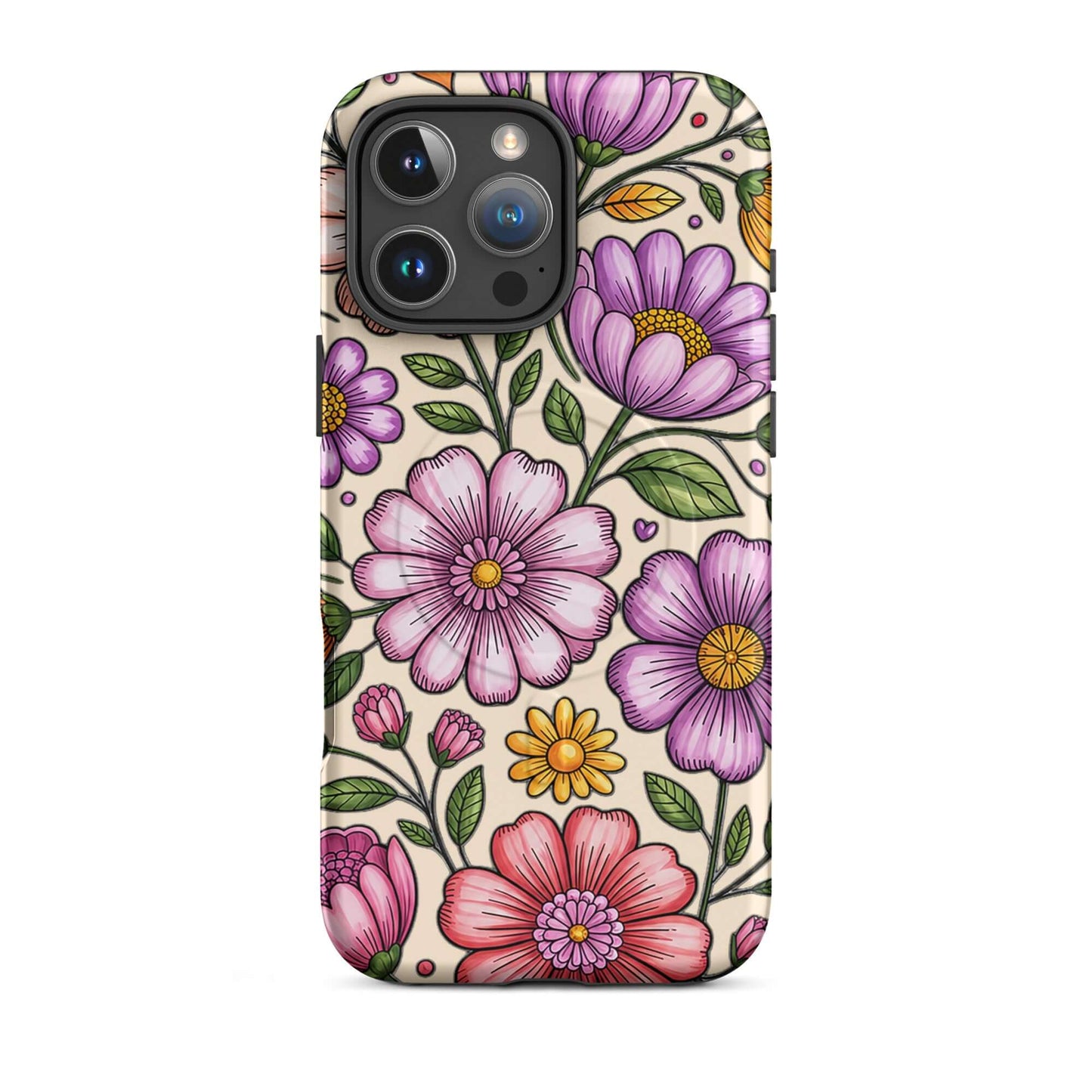 Magnetic Phone Case with pastel floral design featuring soft pinks, purples, and yellows on a durable, impact-resistant shell.