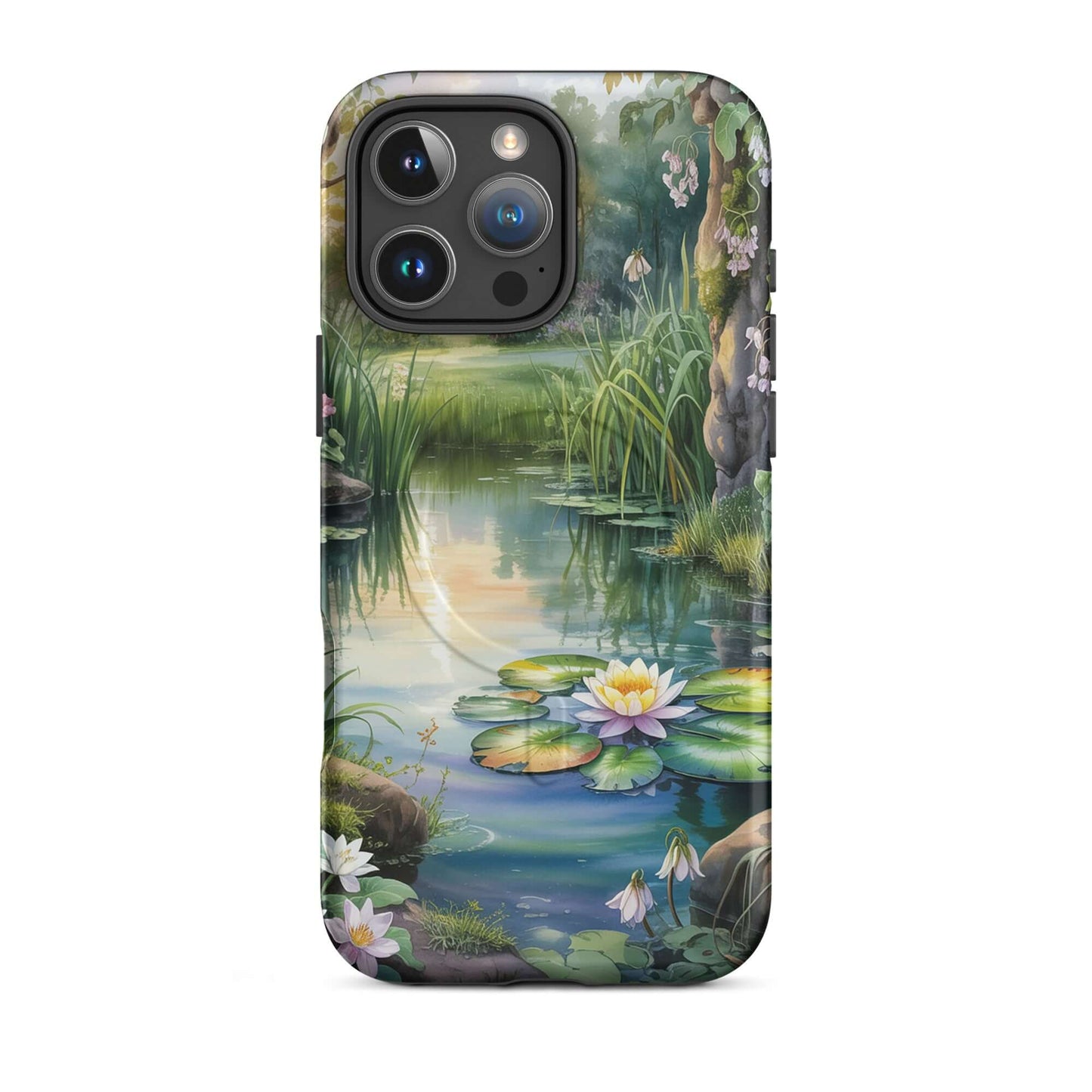 Magnetic Phone Case for iPhone with a serene lily pond design featuring water lilies and lush greenery under a soft sunset light.