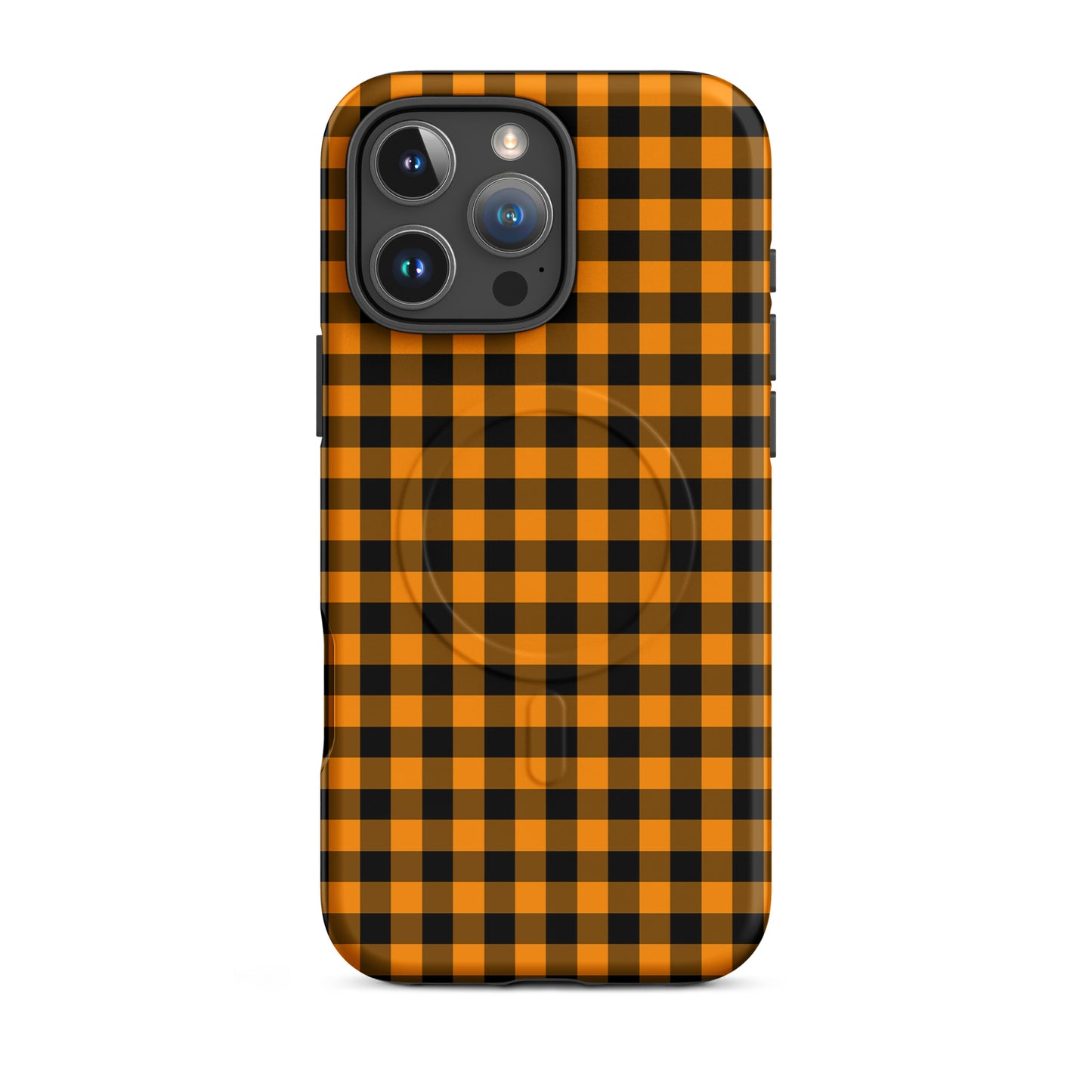 Magnetic Phone Case with black-and-orange gingham pattern for iPhone, Autumn theme.