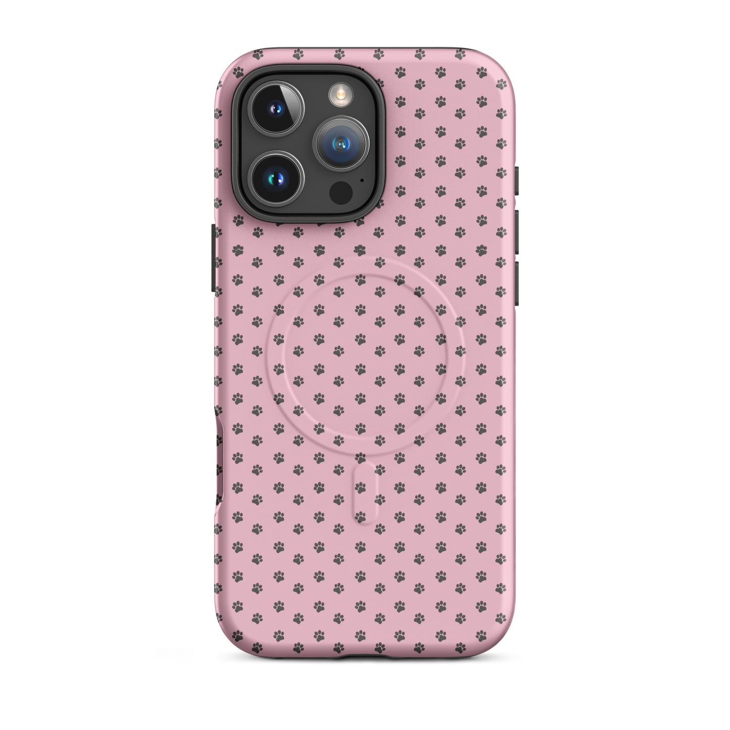Pink Magnetic Phone Case for iPhone with dark gray paw prints pattern offering playful protection.