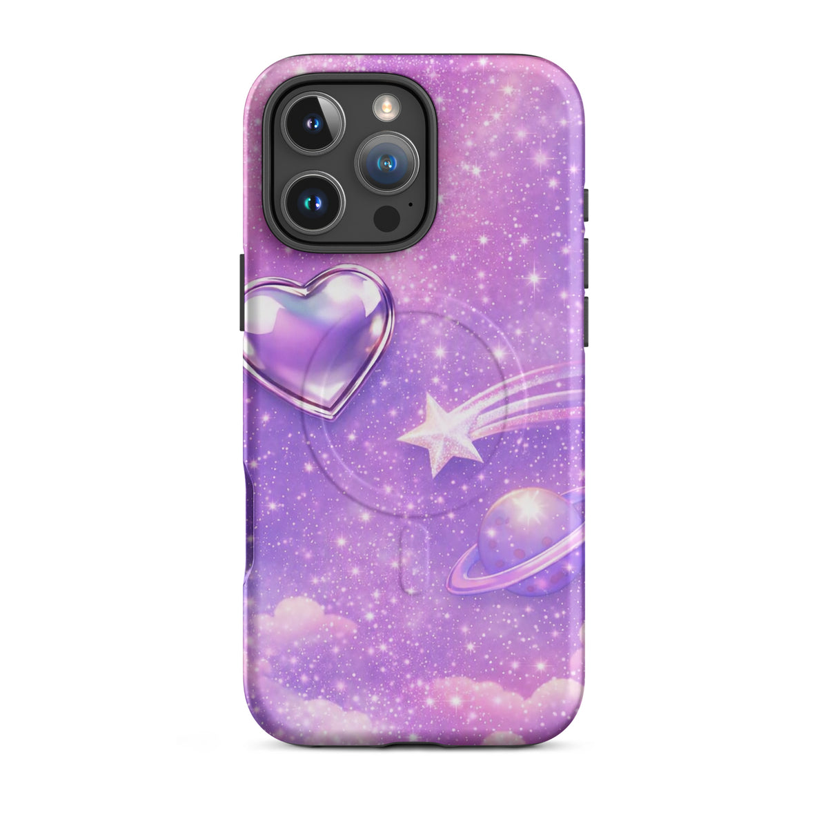 Magnetic Phone Case for iPhone with cosmic heart, shooting star, and celestial design on a pastel background.