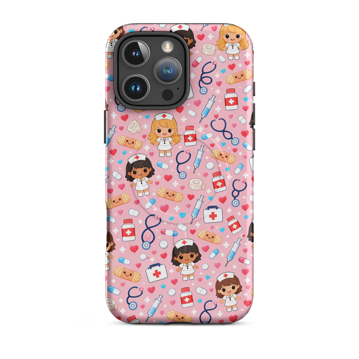 Magnetic Phone Case for iPhone with kawaii nurse medical pattern on pink background featuring cute medical icons.