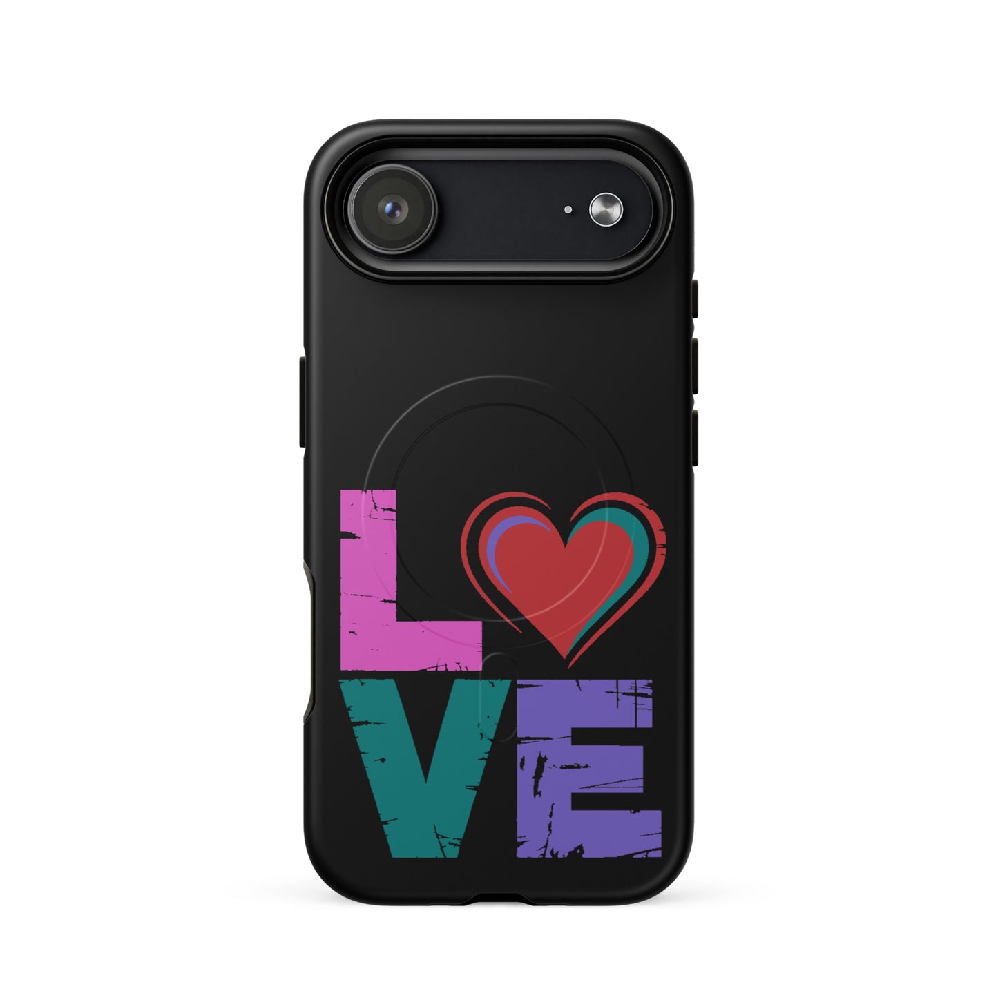Love Magnetic Dual-Layer Tough Case for iPhone featuring colorful love design on a black background.