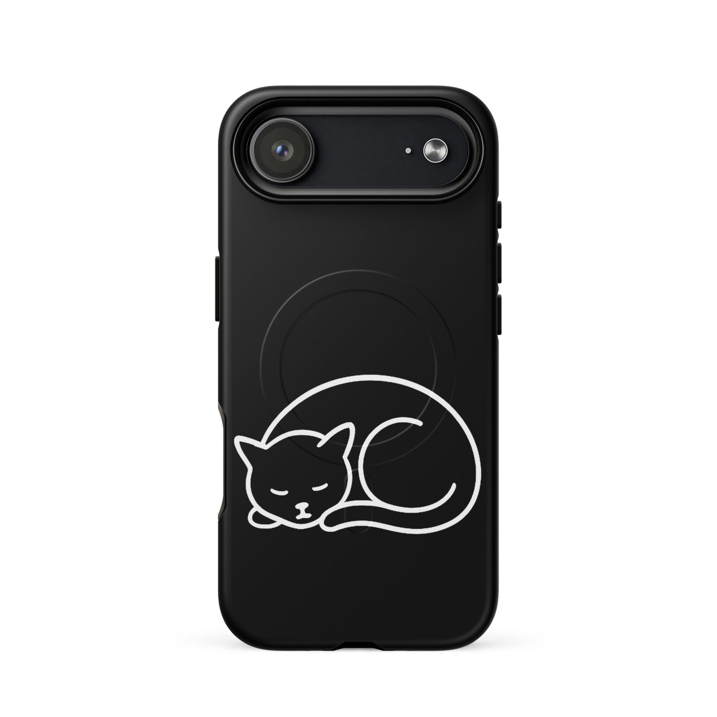Magnetic Phone Case for iPhone featuring a minimalist curled-up cat design in black and white.