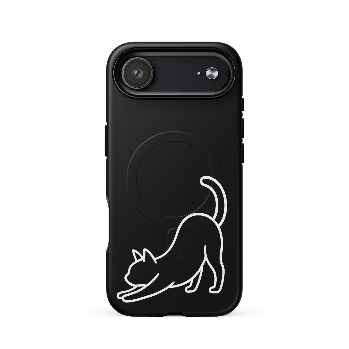 Magnetic Phone Case featuring a minimalist stretching cat design on a sleek black background.