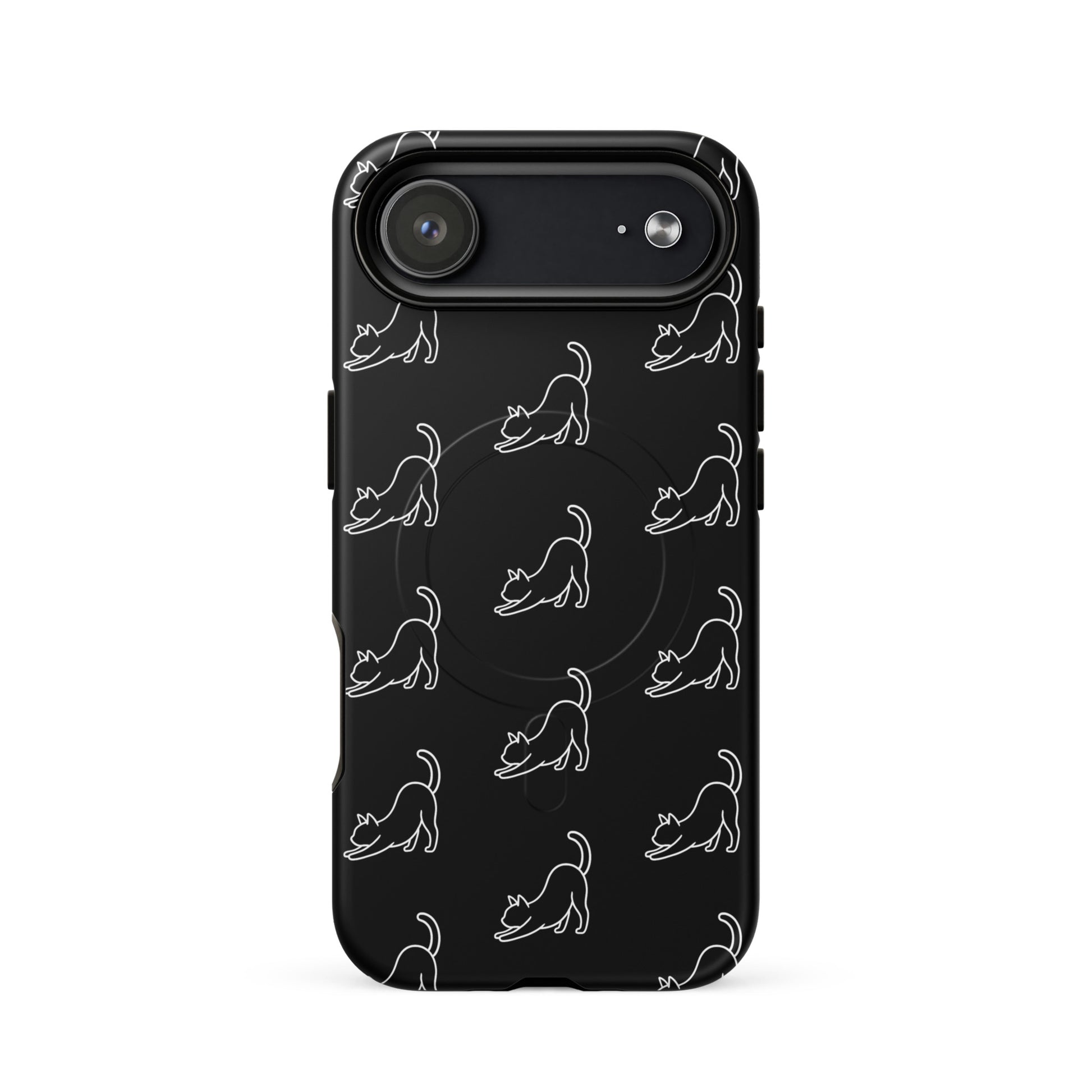 Magnetic Phone Case featuring a minimalist design of stretching cats in white on a black background.