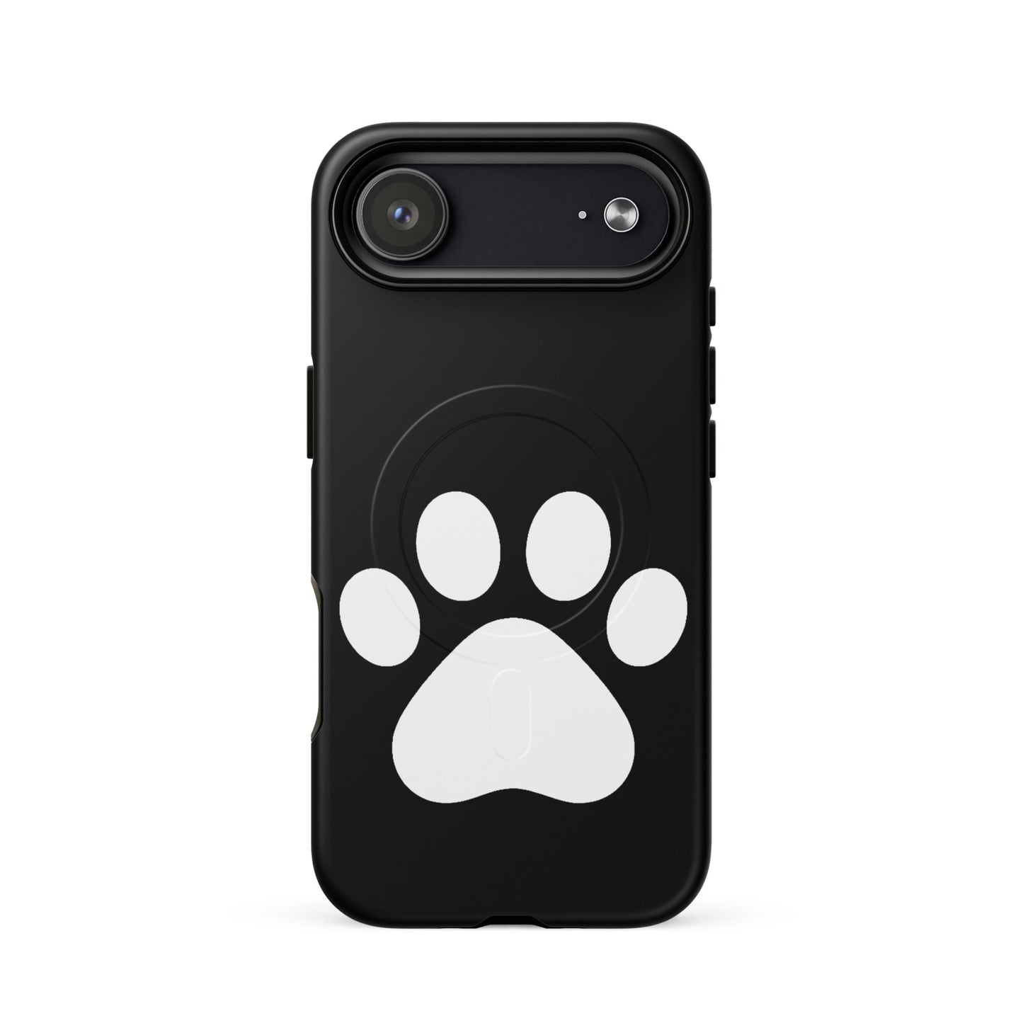 Magnetic Phone Case for iPhone with a minimalist black design featuring a white paw print.