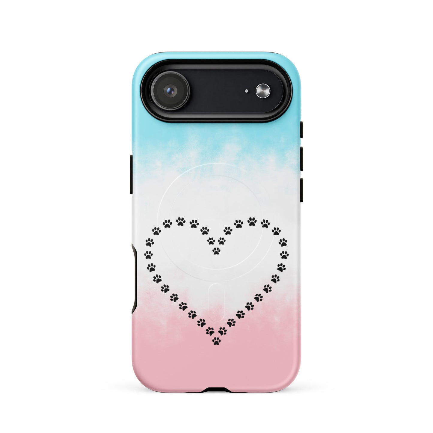 Magnetic Phone Case for iPhone: Paw Print Heart Design for Pet Lovers on a gradient background.