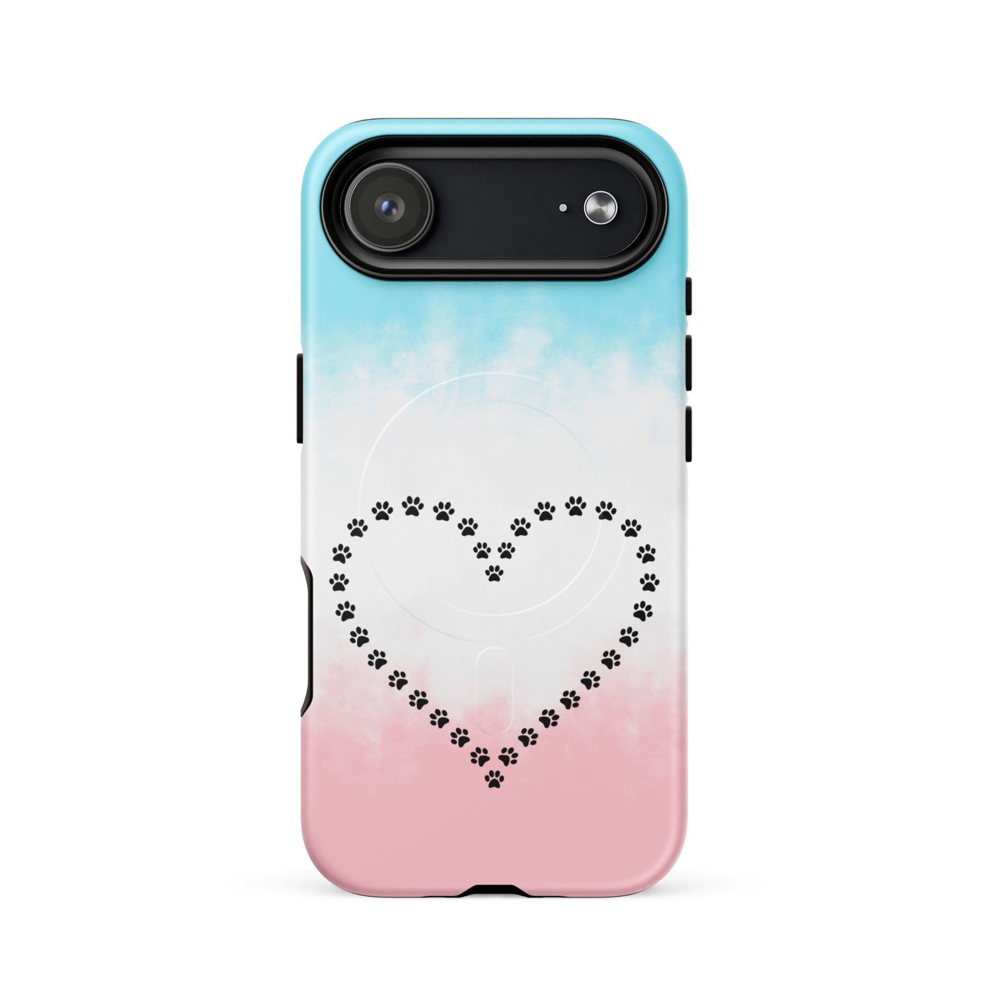 Magnetic Phone Case for iPhone: Paw Print Heart Design for Pet Lovers on a gradient background.