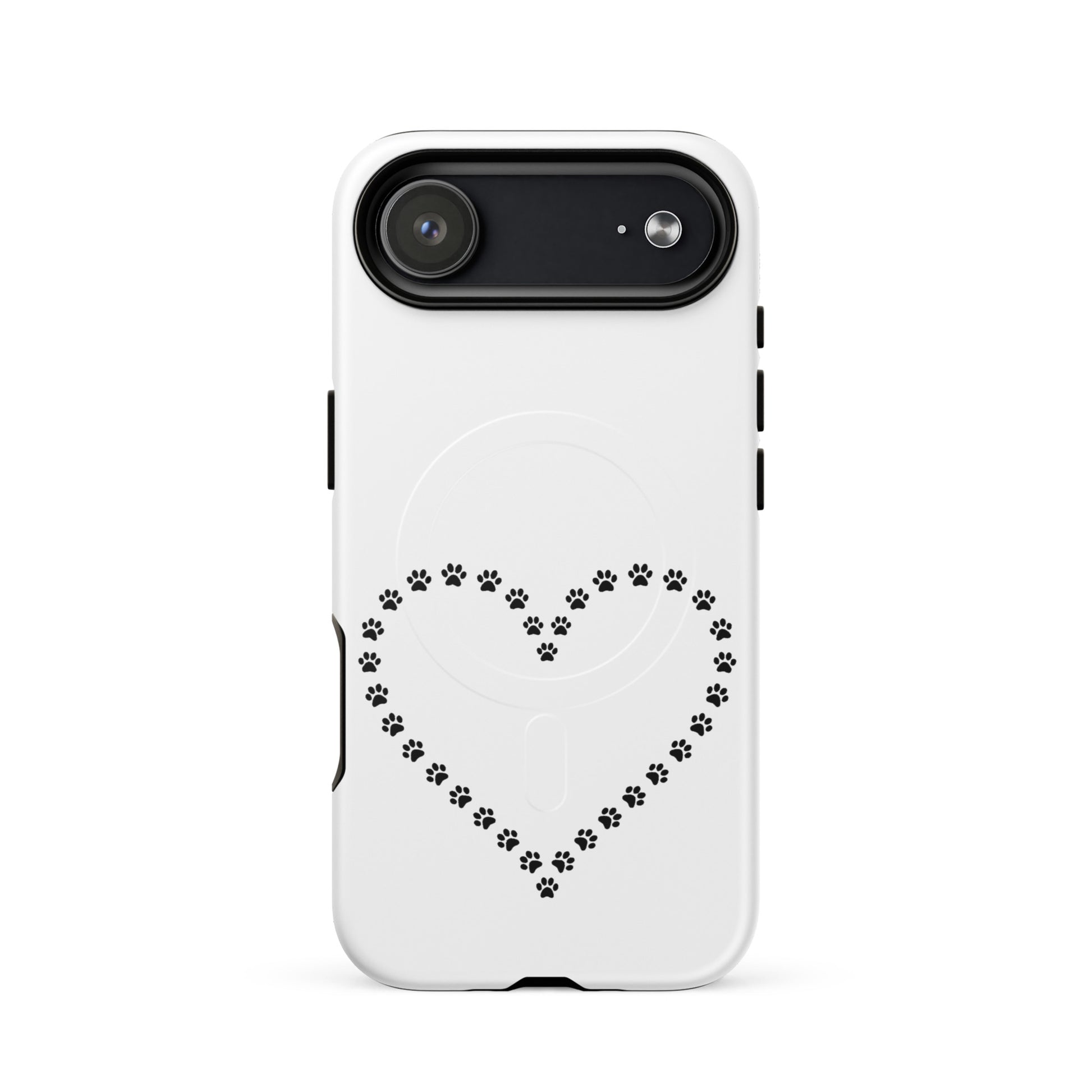 Magnetic phone case for iPhone featuring a heart design made of paw prints for pet lovers.