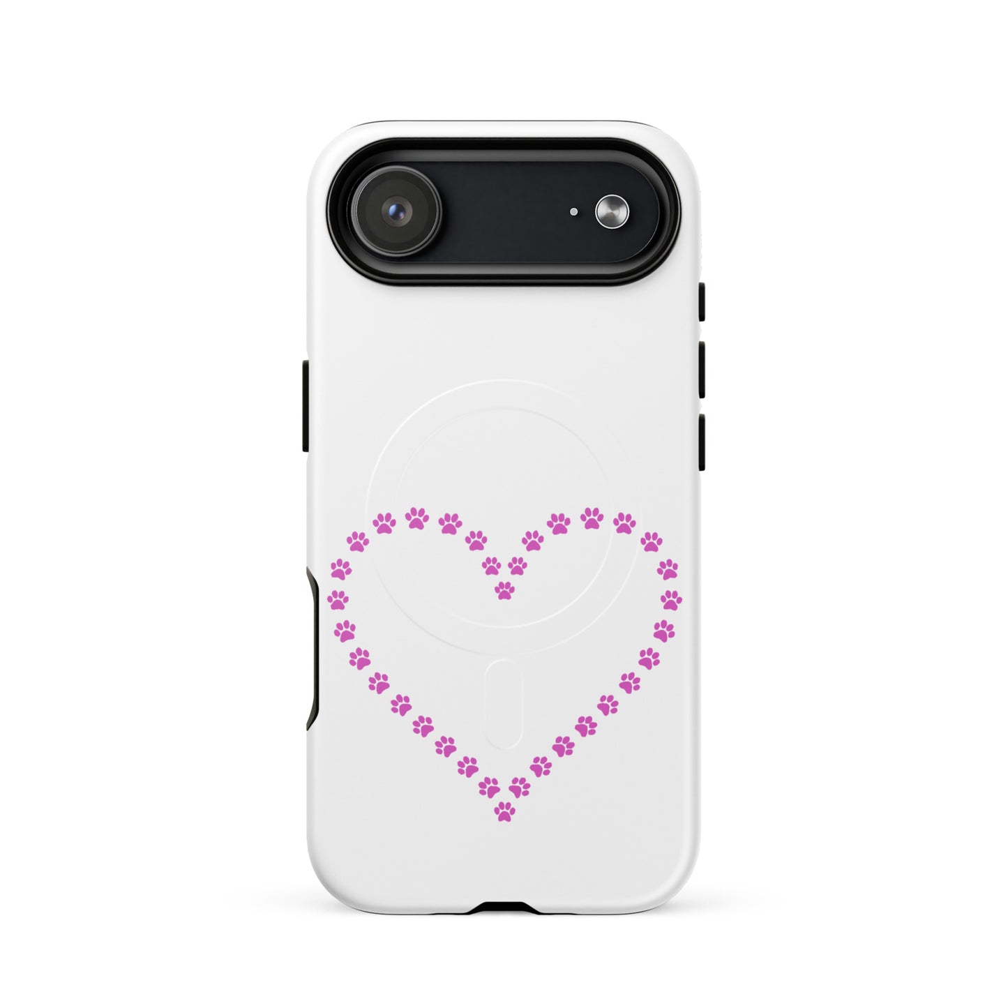 Magnetic Phone Case with pink paw print heart design for pet lovers, featuring playful and protective style.