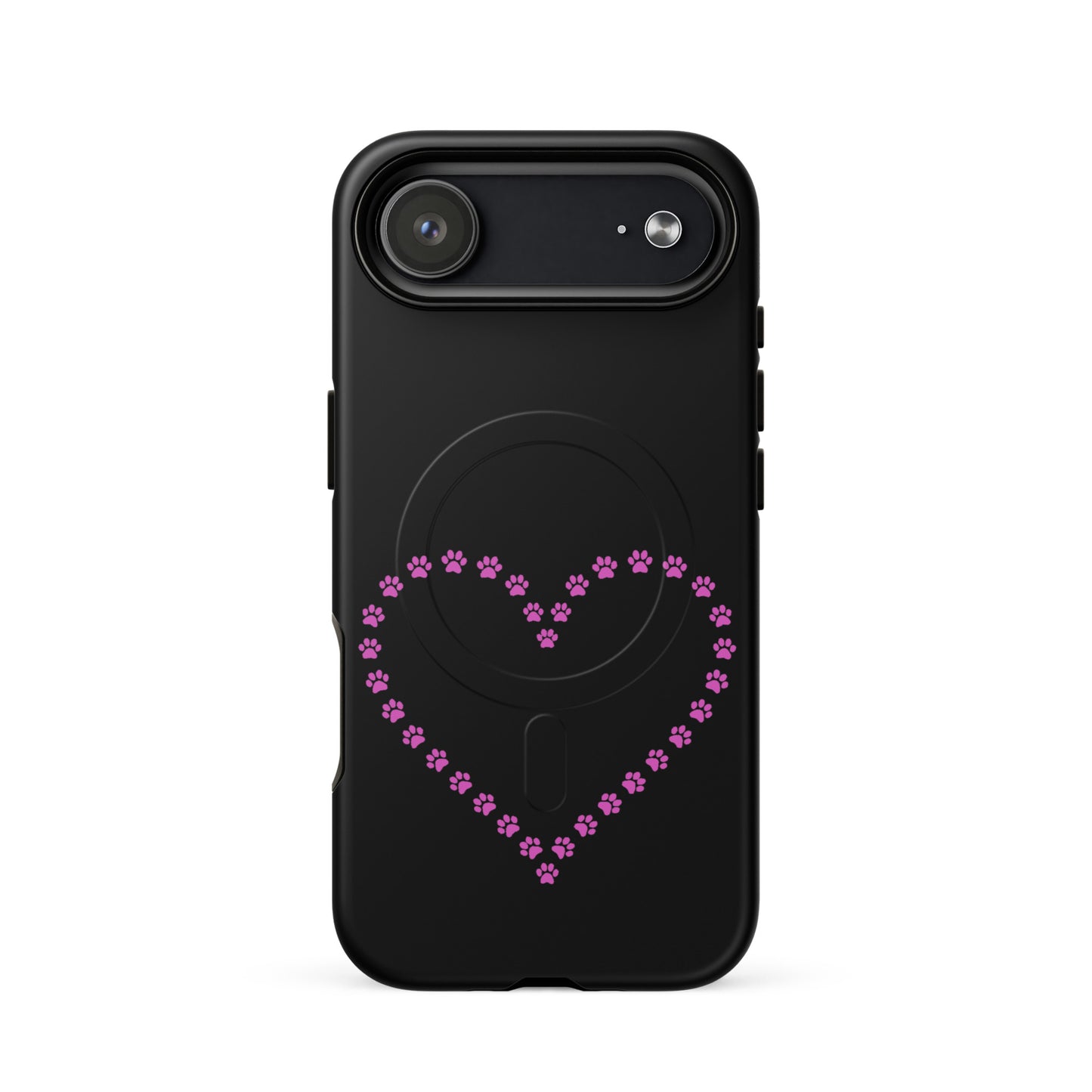 Magnetic Phone Case for iPhone featuring a heart design made of pink paw prints, ideal for pet lovers.