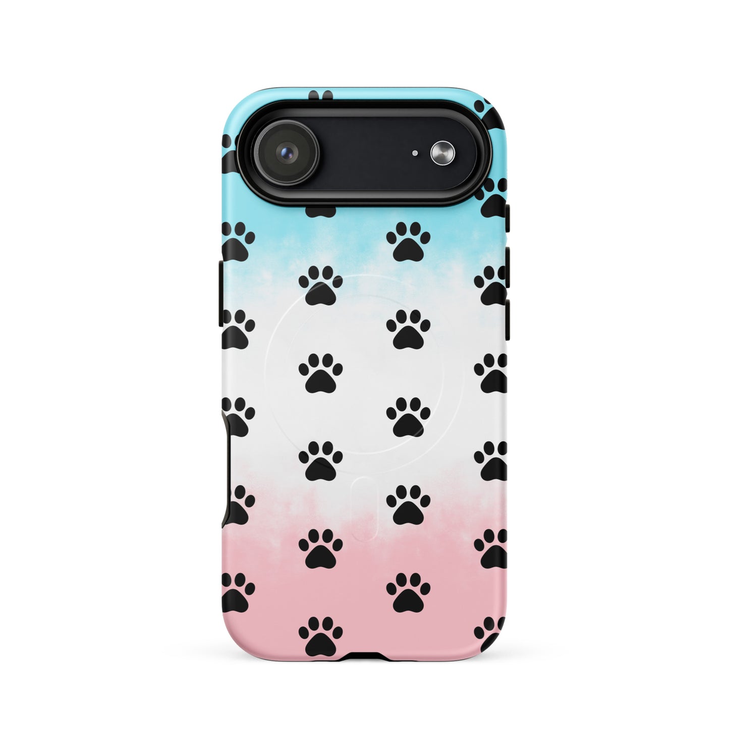 Magnetic Phone Case featuring a playful paw print design in black on a pastel blue and pink background.