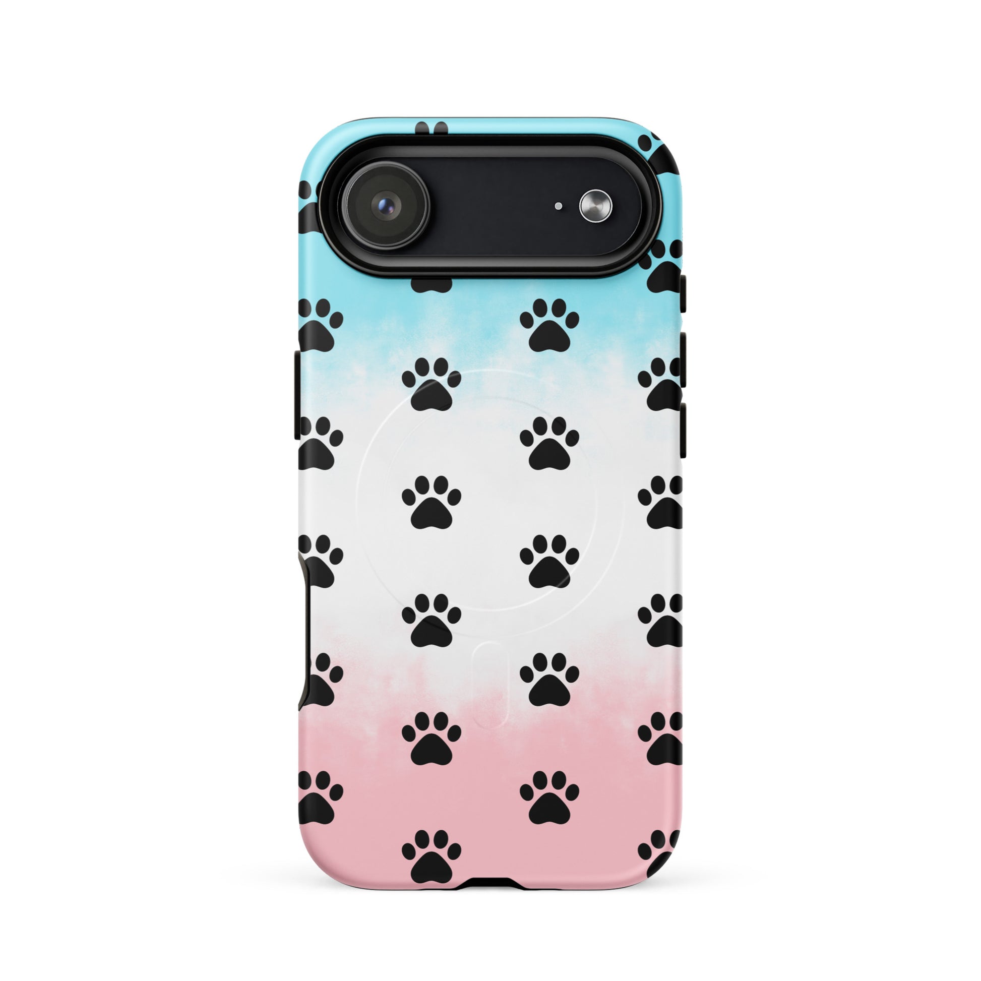 Magnetic Phone Case featuring a playful paw print design in black on a pastel blue and pink background.