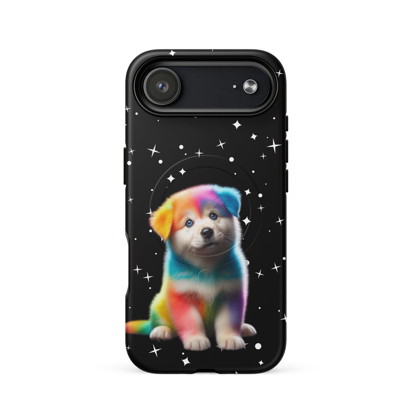 Magnetic Phone Case featuring a rainbow puppy design on a starry night background for vibrant, personalized device protection.