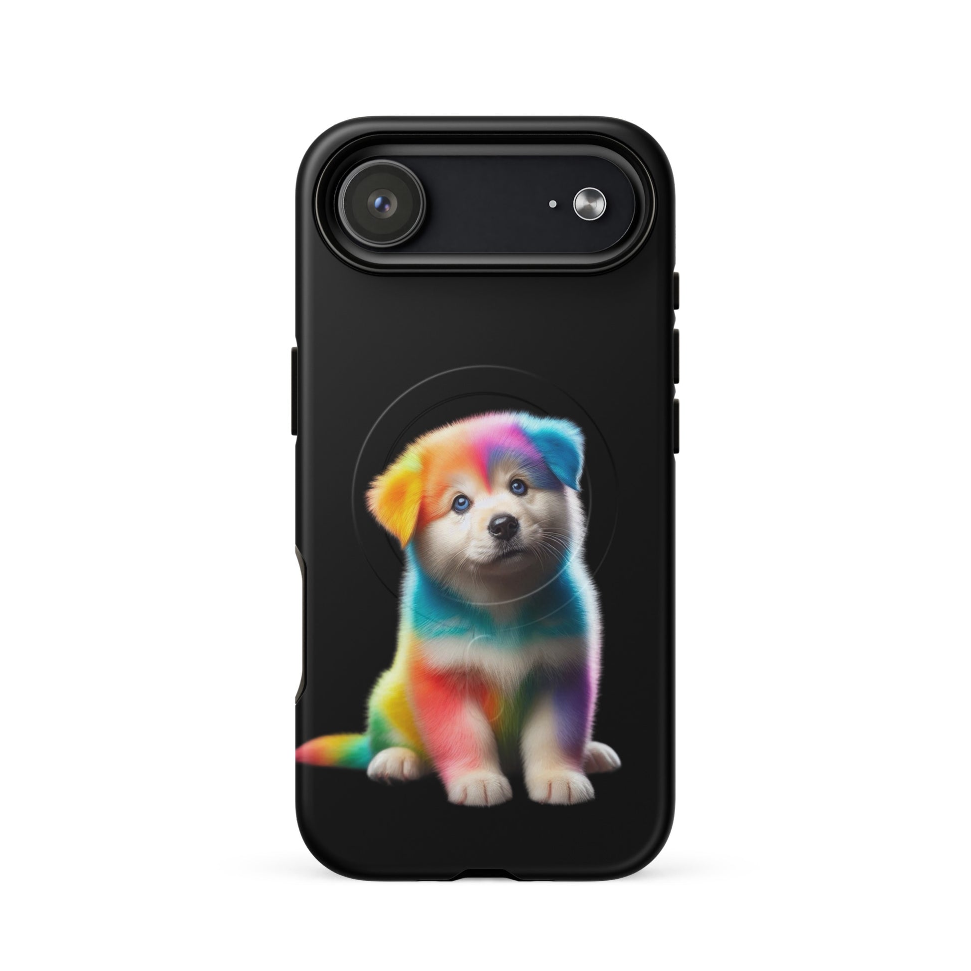 Magnetic Phone Case featuring a rainbow puppy design on a black background, perfect for pet lovers.