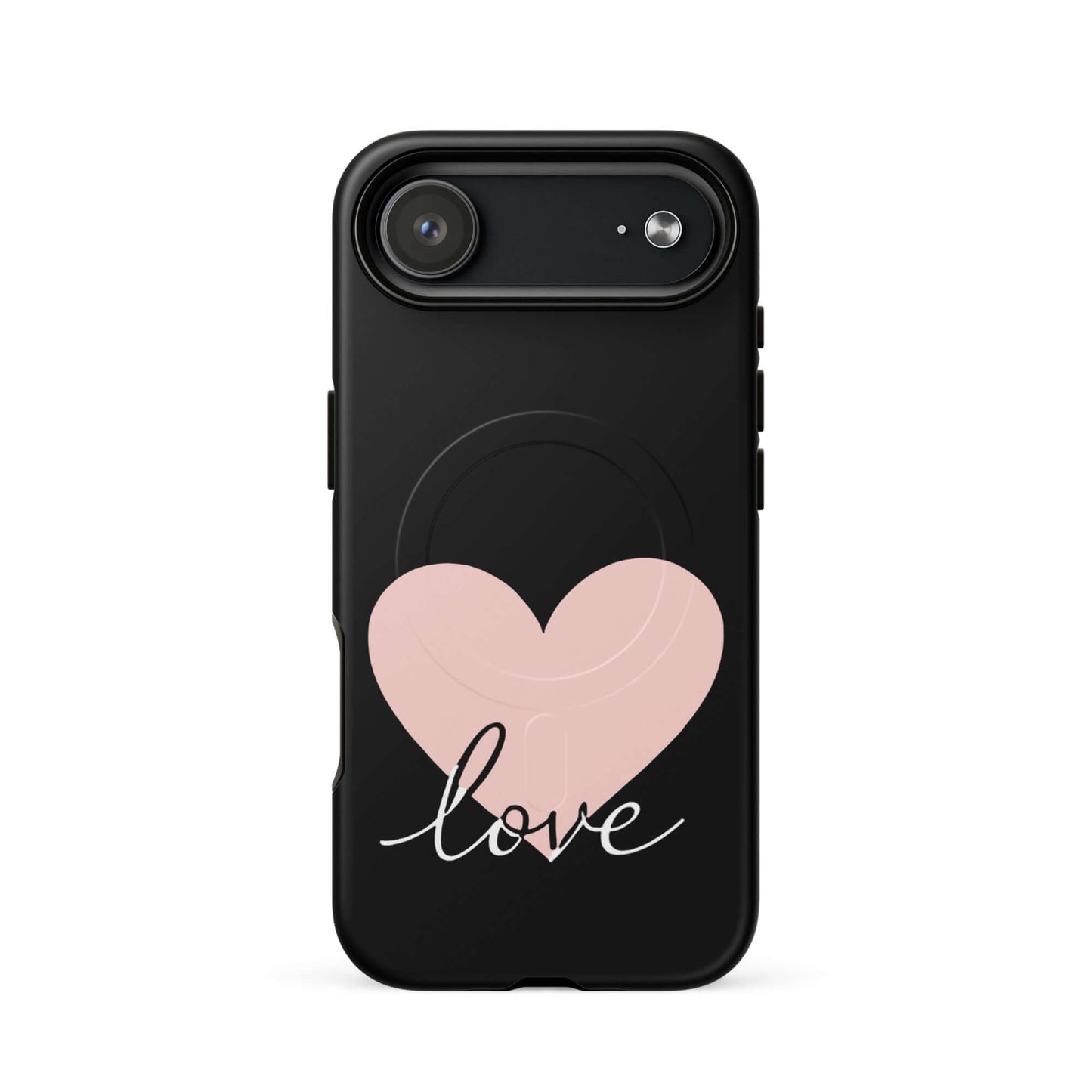 Magnetic Phone Case featuring pink heart and stylish script 'love' design on a black background.