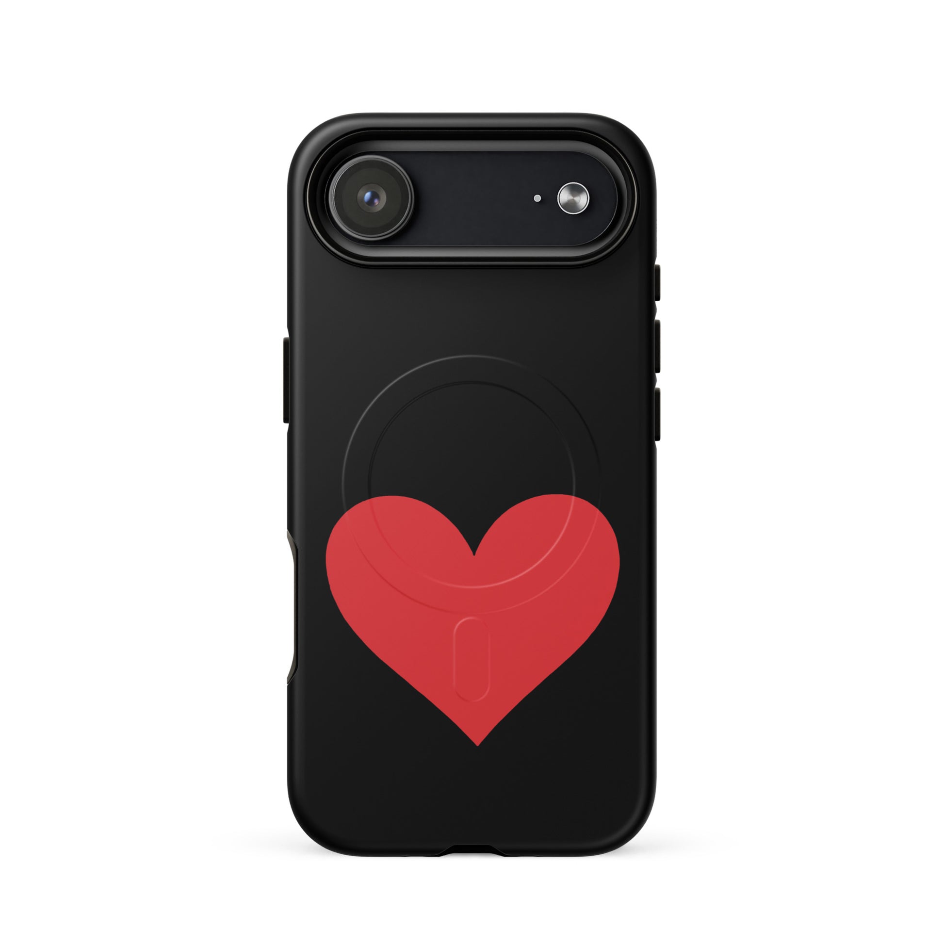 Magnetic Phone Case with vibrant red heart design on black background, showcasing style and protection.
