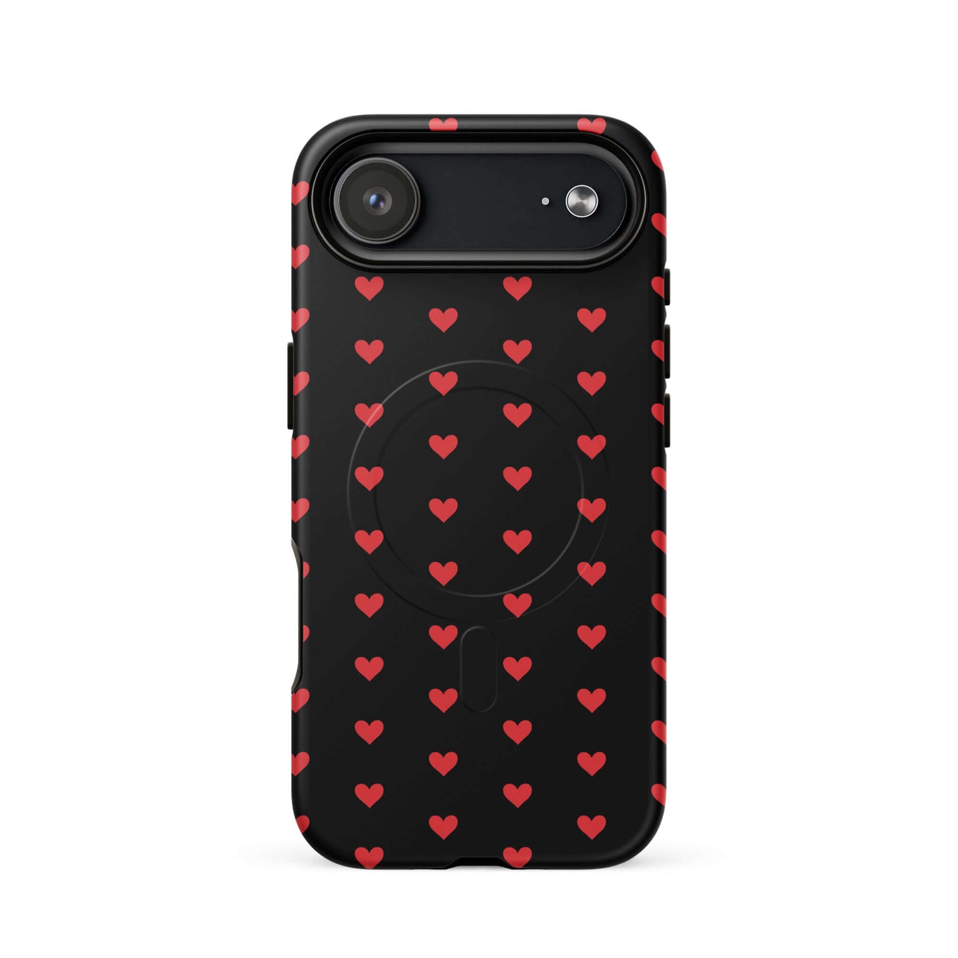 Magnetic Phone Case featuring fiery red hearts on a black backdrop for stylish protection.