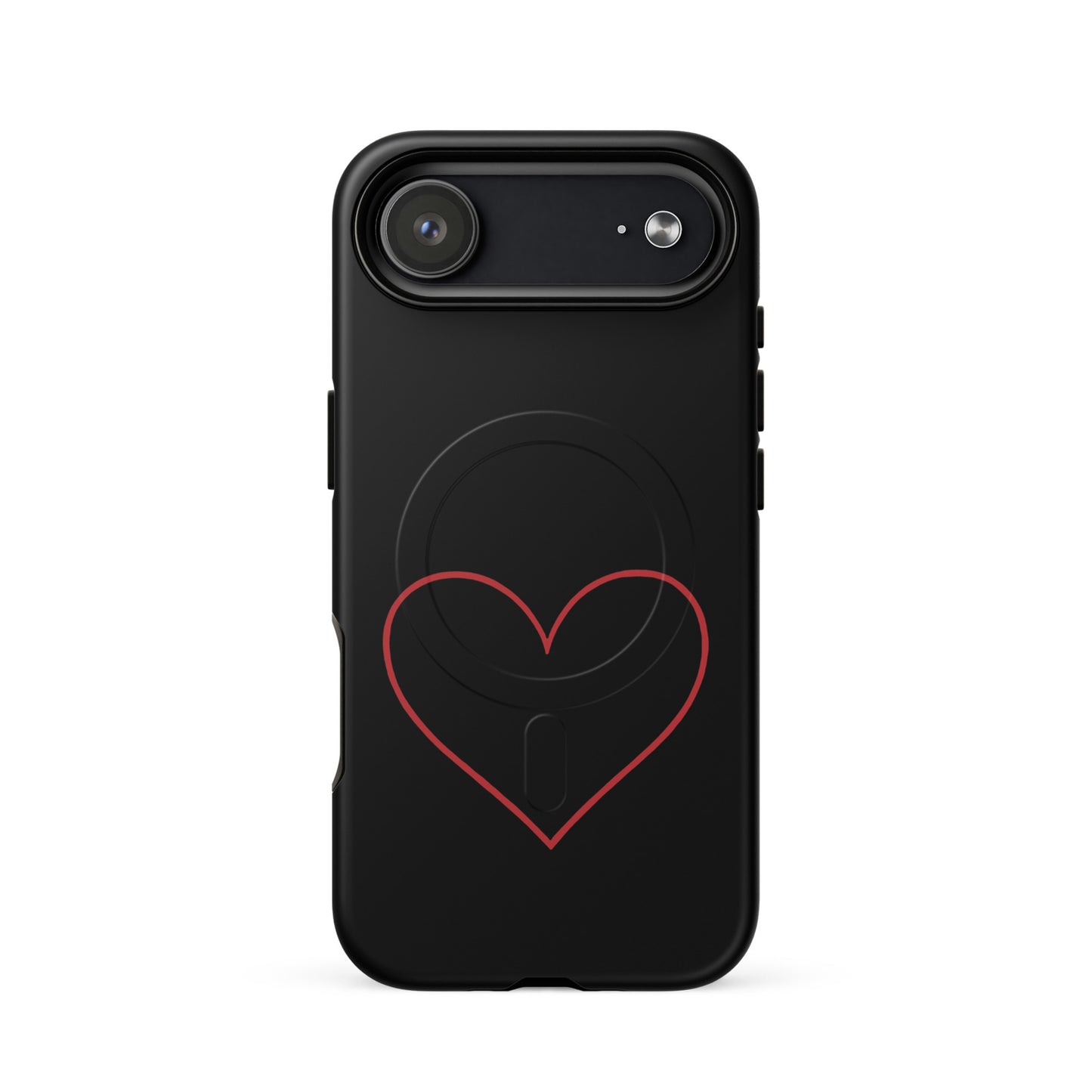 Magnetic Phone Case for iPhone featuring a minimalist crimson heart design on a sleek black background.