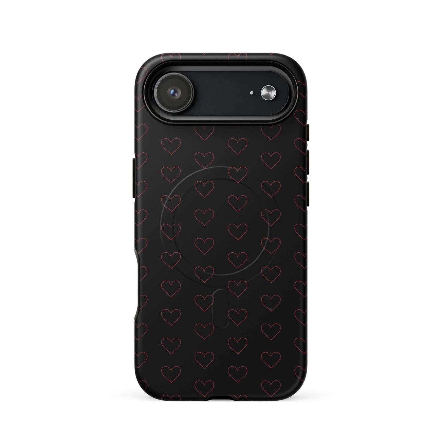 Magnetic Phone Case with crimson heart pattern on a black background, showcasing modern and stylish design.