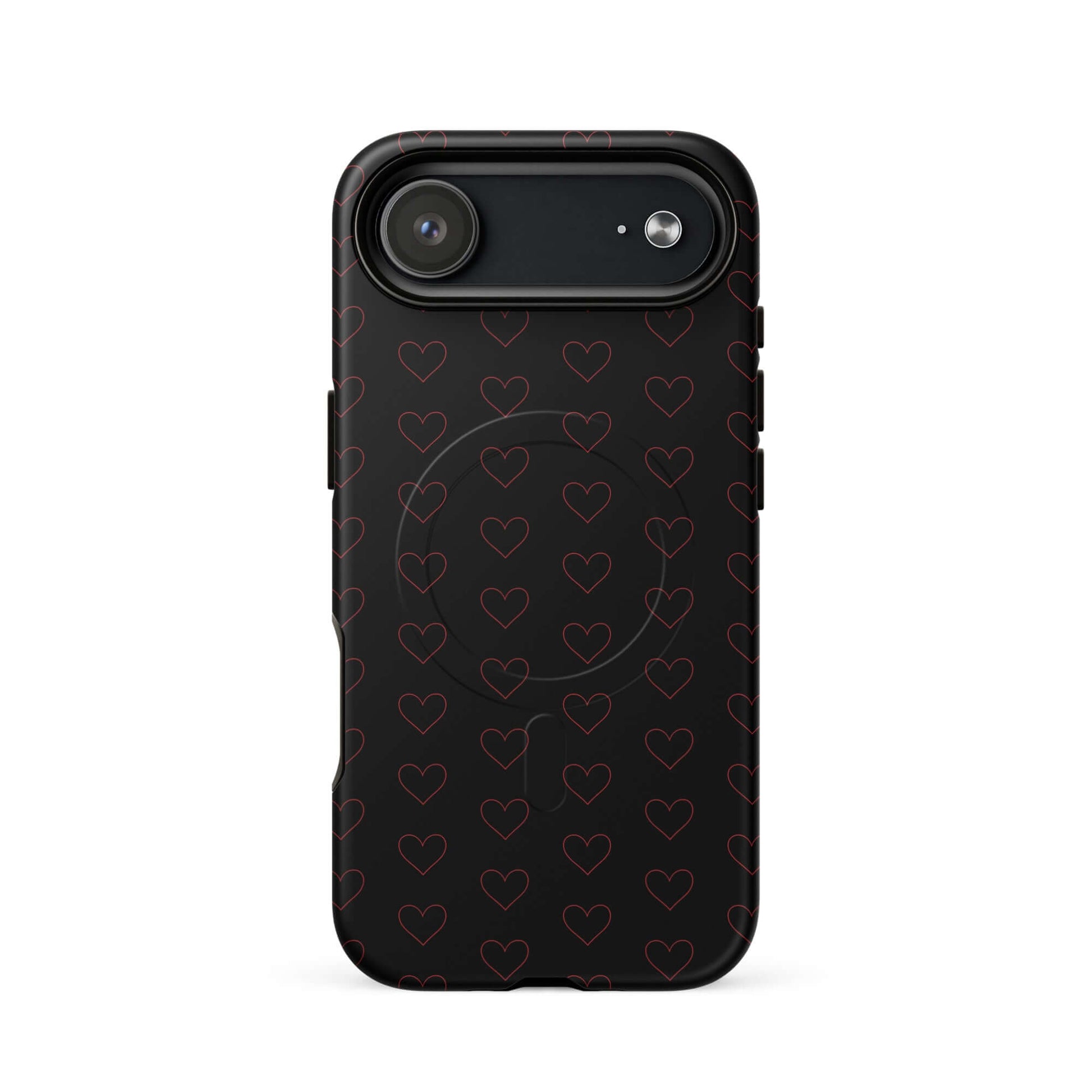 Magnetic Phone Case with crimson heart pattern on a black background, showcasing modern and stylish design.