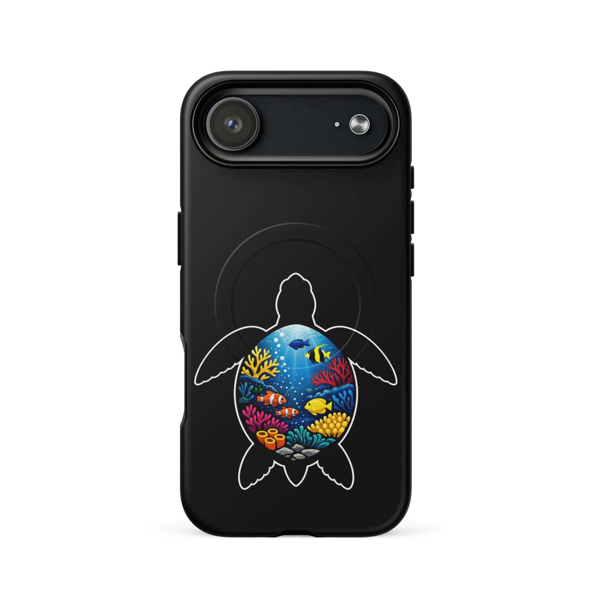 Magnetic Phone Case featuring a vibrant sea turtle reef design on a black background, perfect for style and protection.