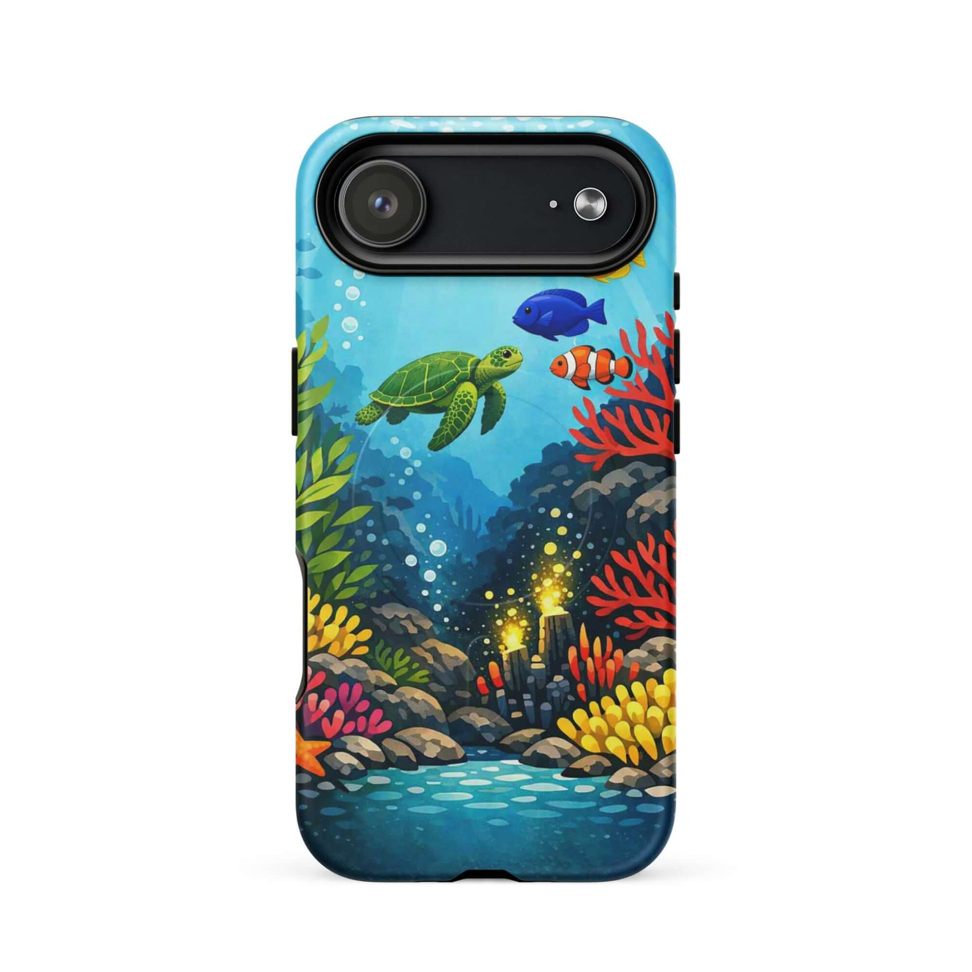Magnetic Phone Case featuring vibrant sea turtle and colorful coral reef design for ocean lovers.