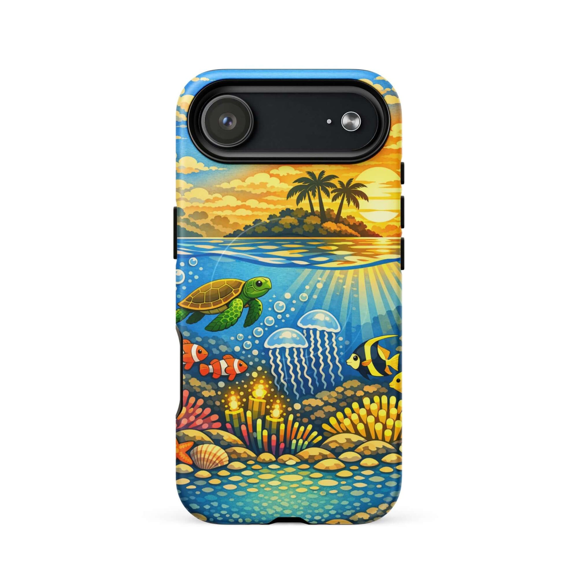 Magnetic Phone Case featuring a tropical sunset and underwater reef with sea turtles and clownfish.