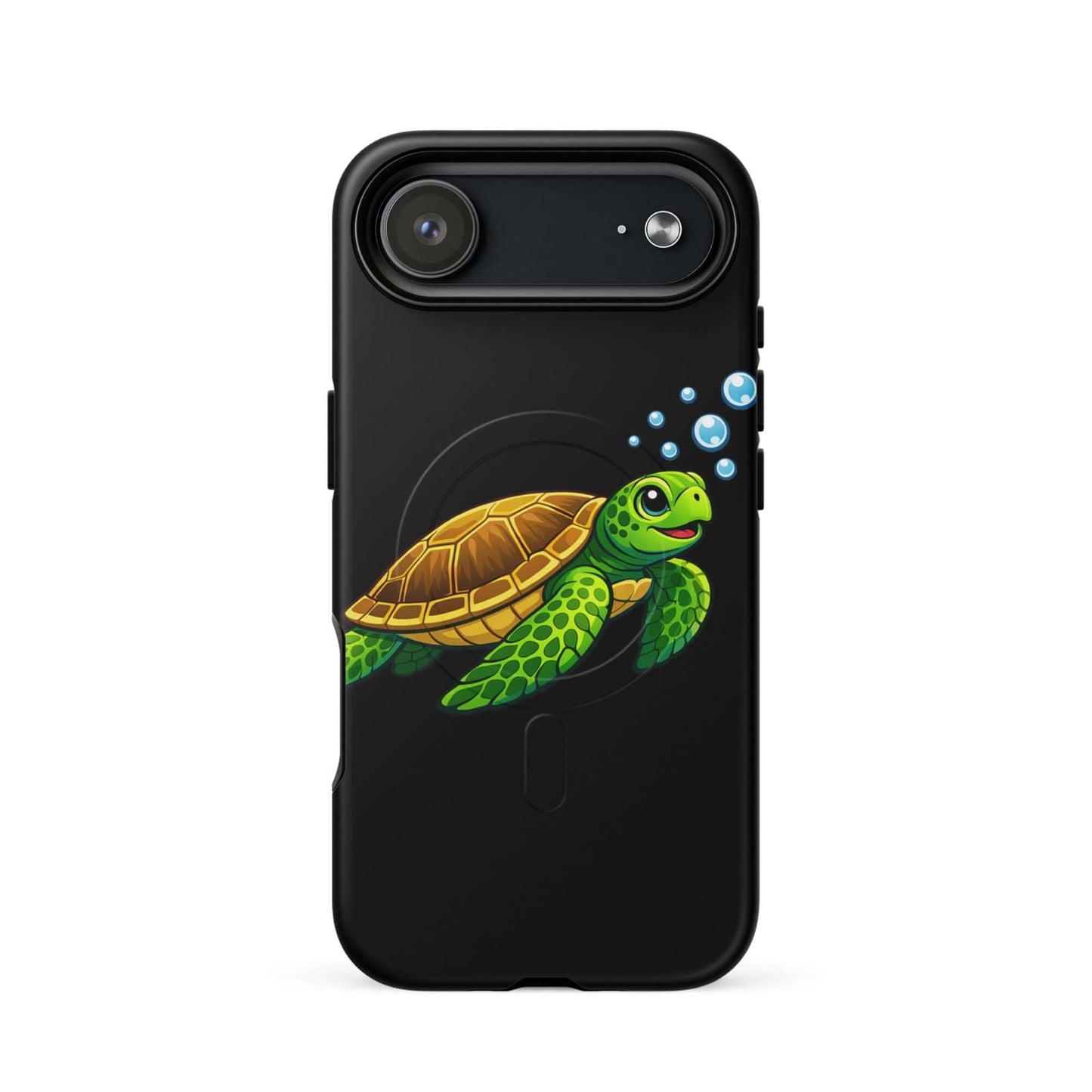 Magnetic Phone Case featuring vibrant sea turtle artwork on a black background, perfect for ocean lovers.