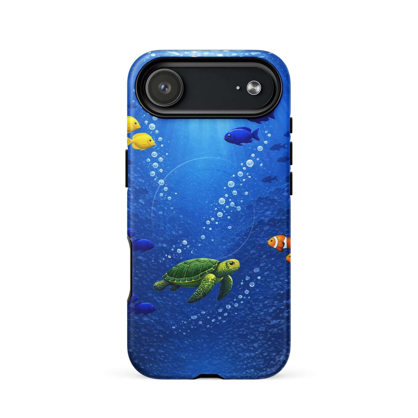Magnetic Phone Case featuring a vibrant sea turtle design swimming with colorful fish in deep blue waters.